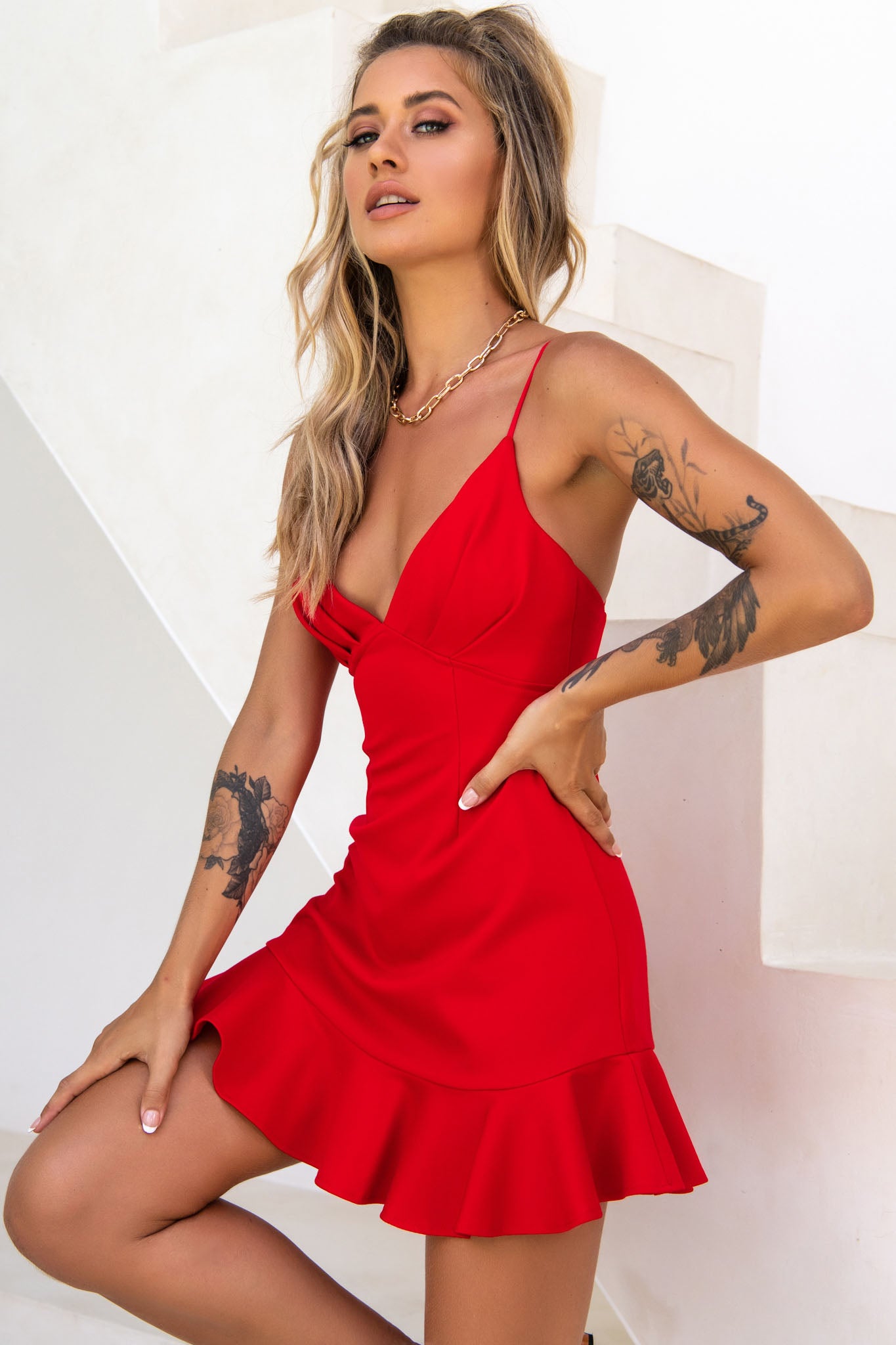 Chicago Pleated Bust Cami Strap Dress Red-Maymioy