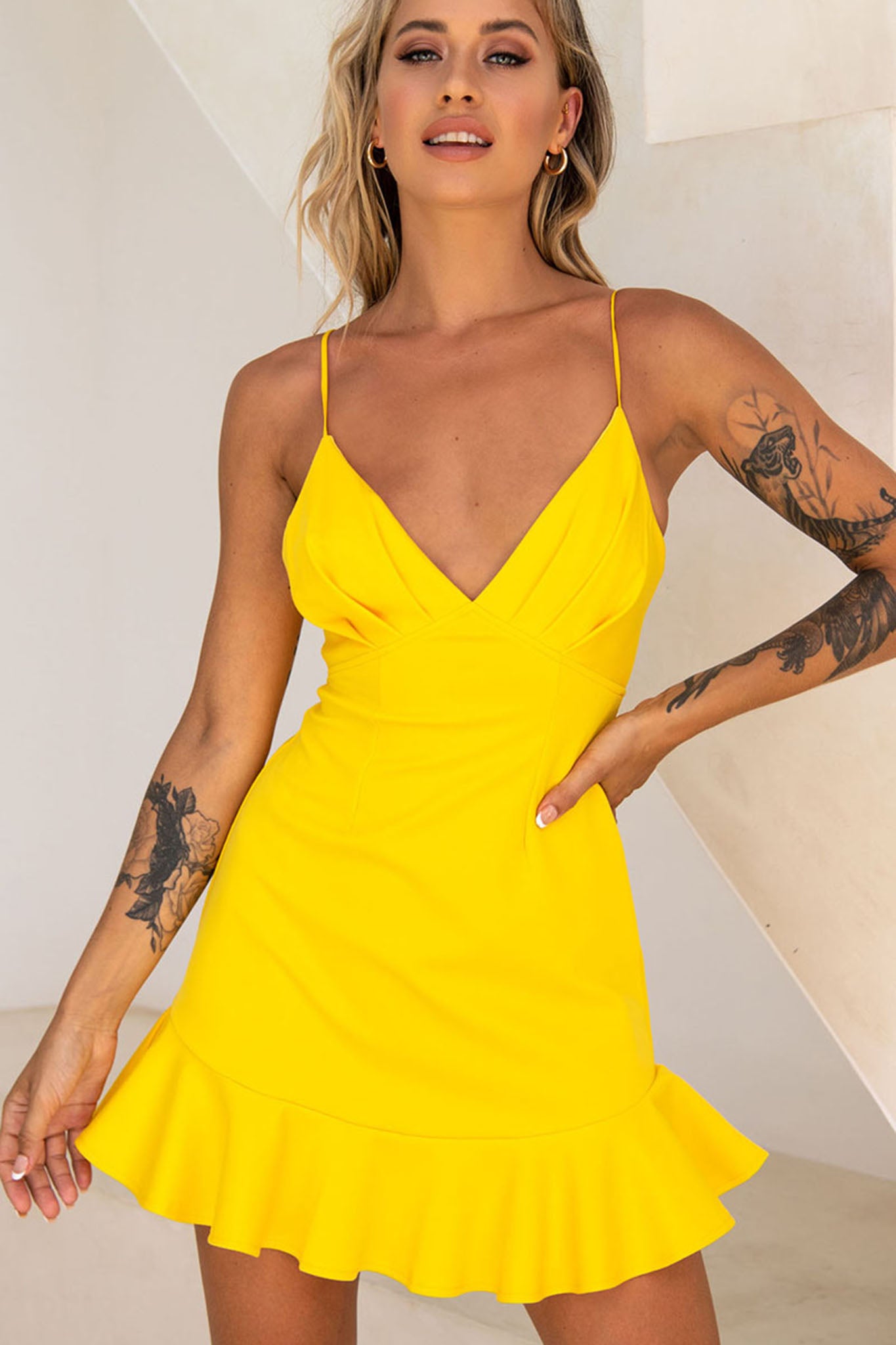 Chicago Pleated Bust Cami Strap Dress Yellow-Maymioy