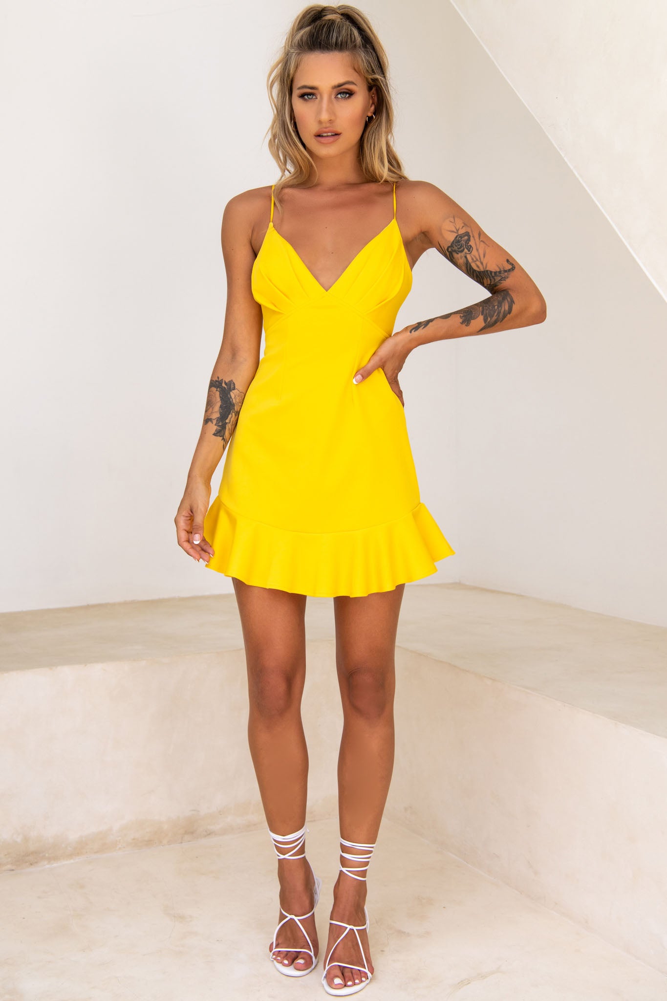 Chicago Pleated Bust Cami Strap Dress Yellow-Maymioy