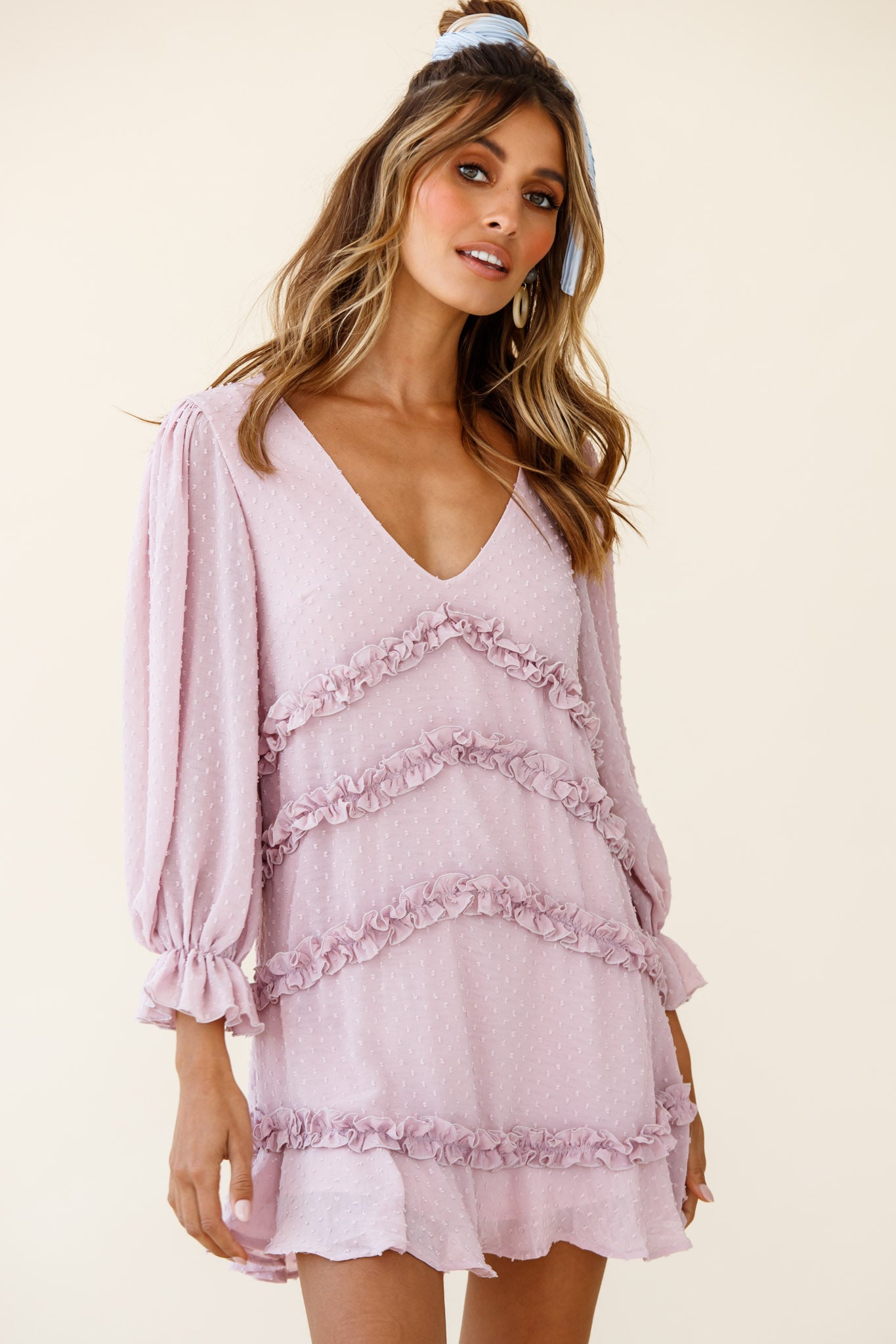 Tabitha Balloon Sleeve Loose Fit Frill Detail Dress Blush-Maymioy