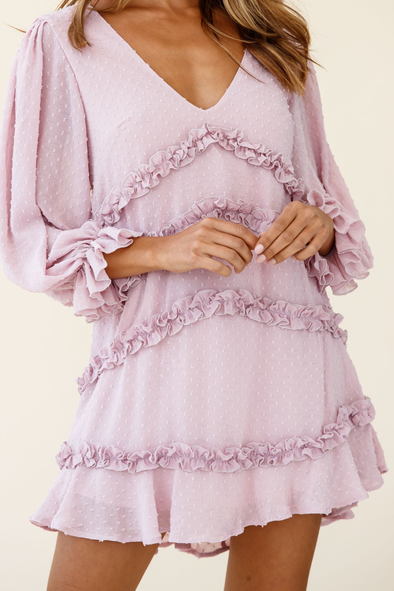 Tabitha Balloon Sleeve Loose Fit Frill Detail Dress Blush-Maymioy