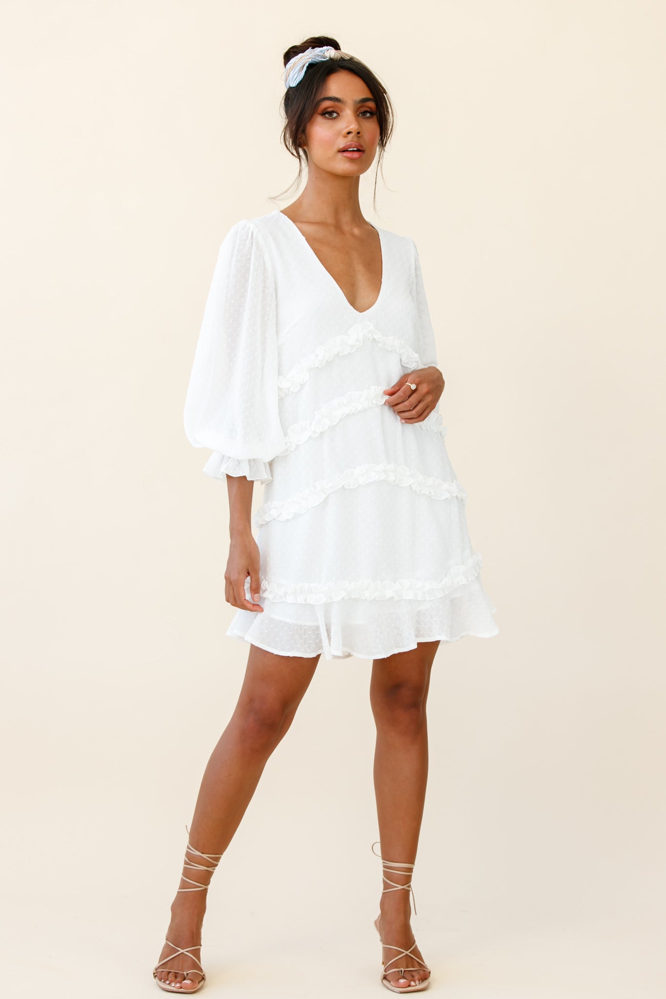 Tabitha Balloon Sleeve Loose Fit Frill Detail Dress White-Maymioy