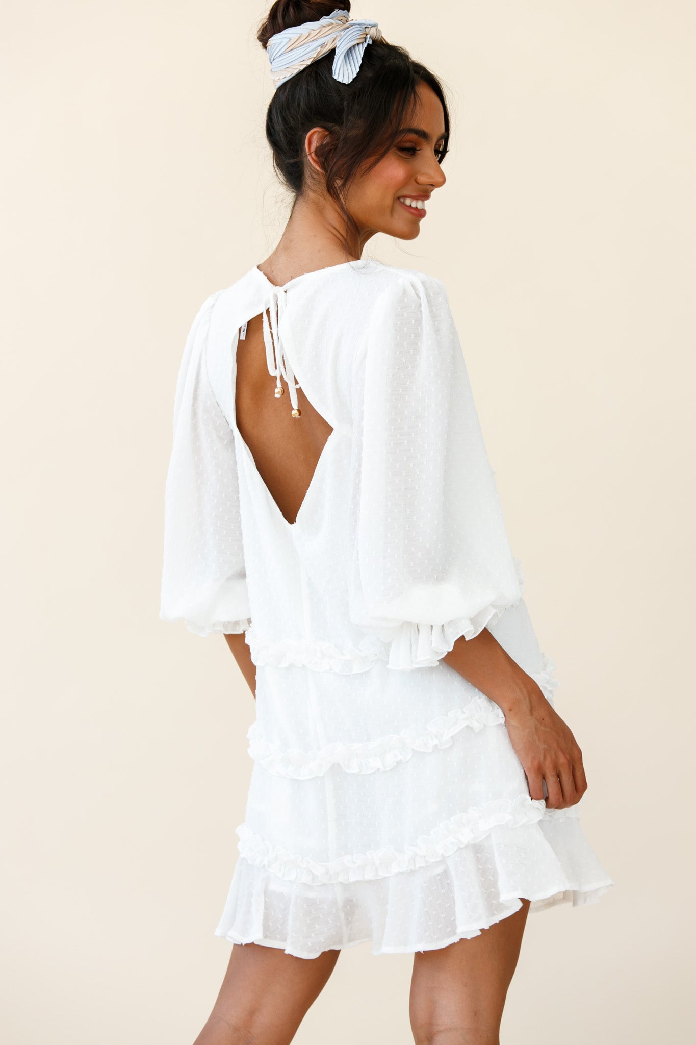 Tabitha Balloon Sleeve Loose Fit Frill Detail Dress White-Maymioy