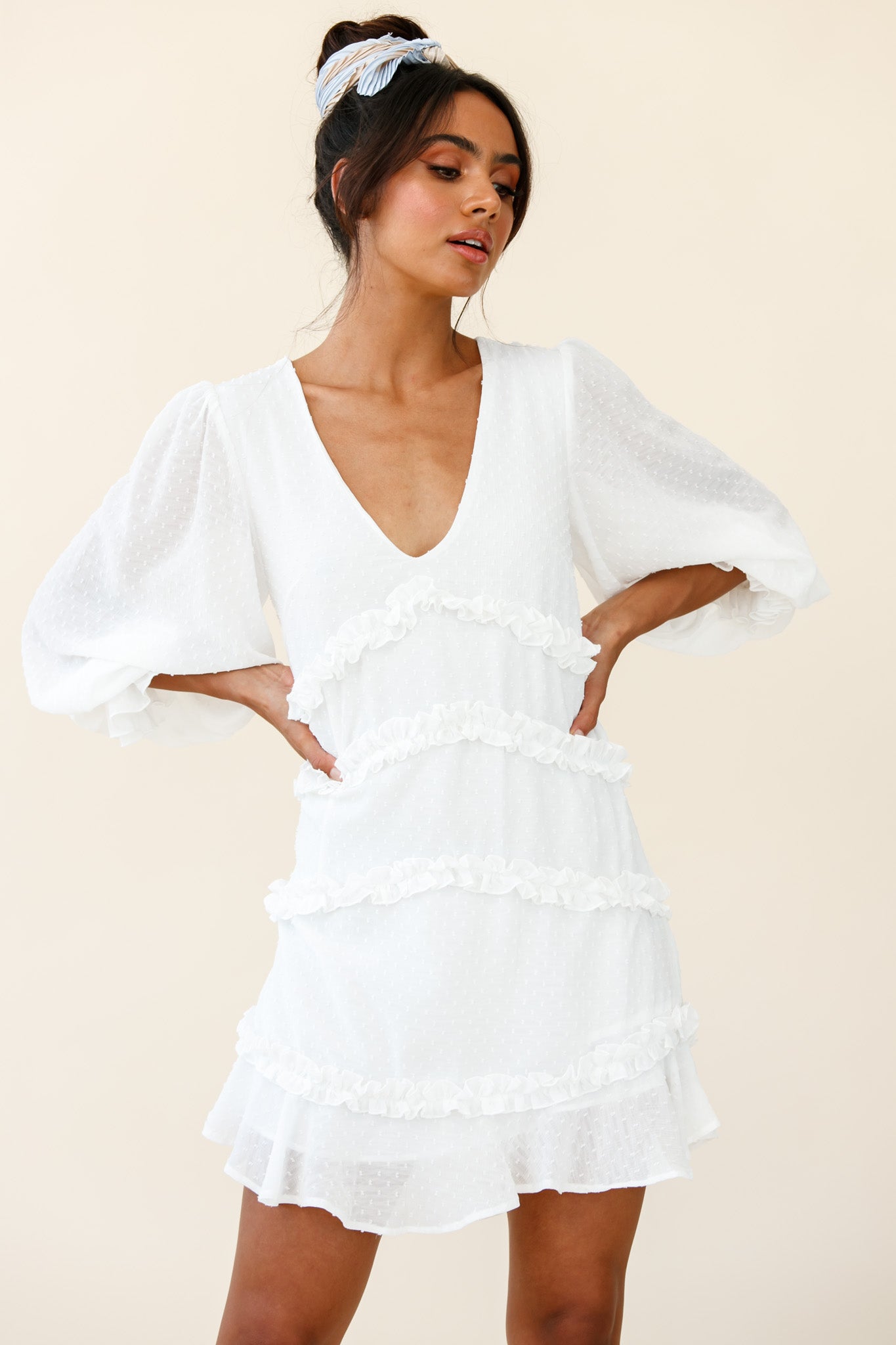 Tabitha Balloon Sleeve Loose Fit Frill Detail Dress White-Maymioy