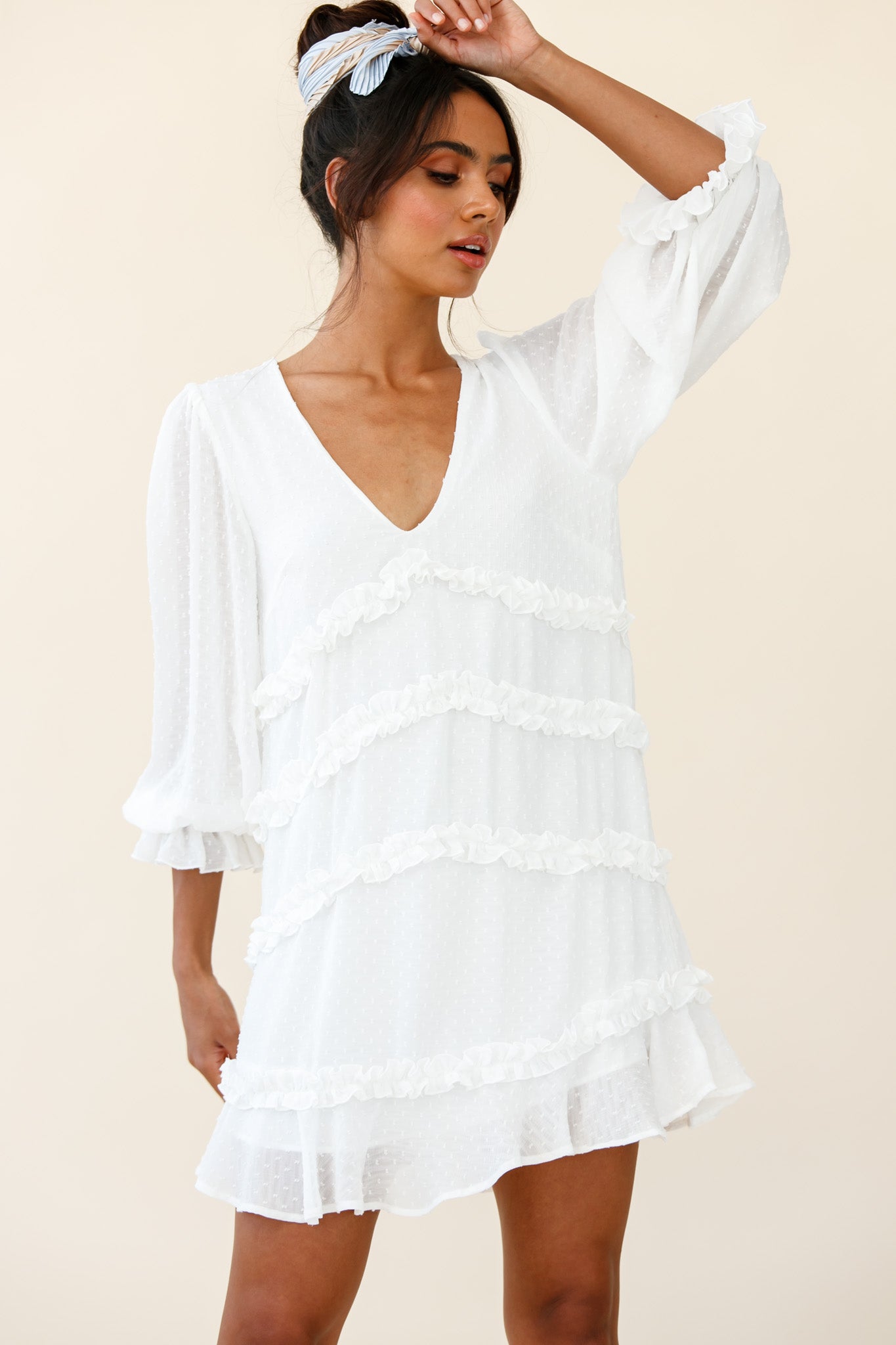 Tabitha Balloon Sleeve Loose Fit Frill Detail Dress White-Maymioy