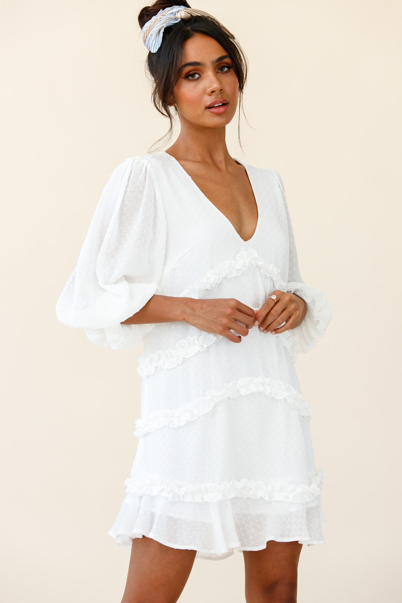 Tabitha Balloon Sleeve Loose Fit Frill Detail Dress White-Maymioy