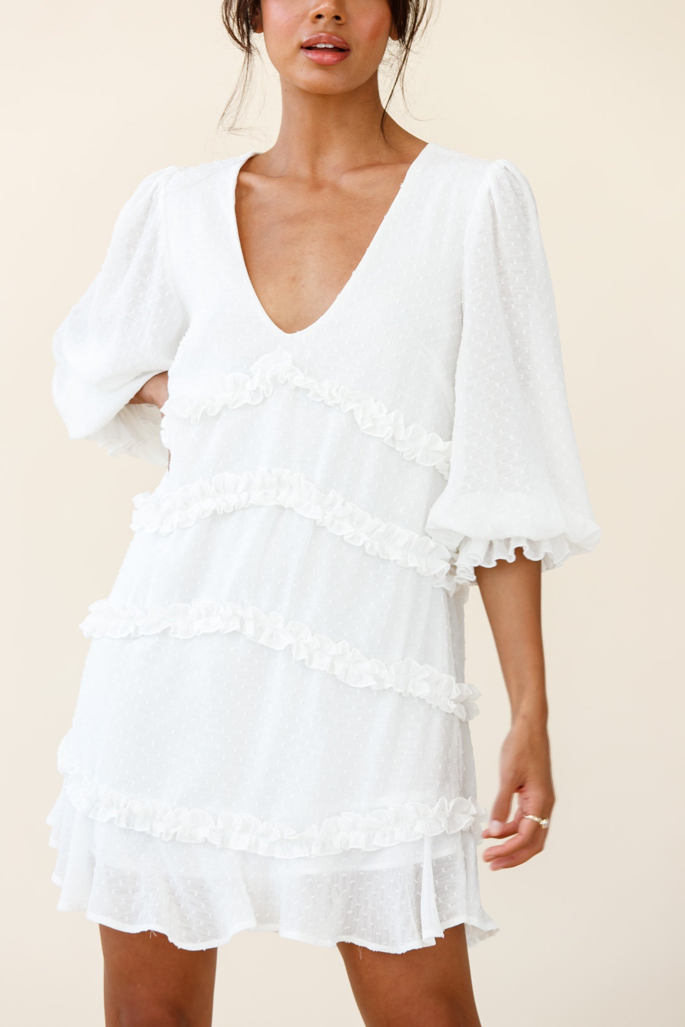 Tabitha Balloon Sleeve Loose Fit Frill Detail Dress White-Maymioy