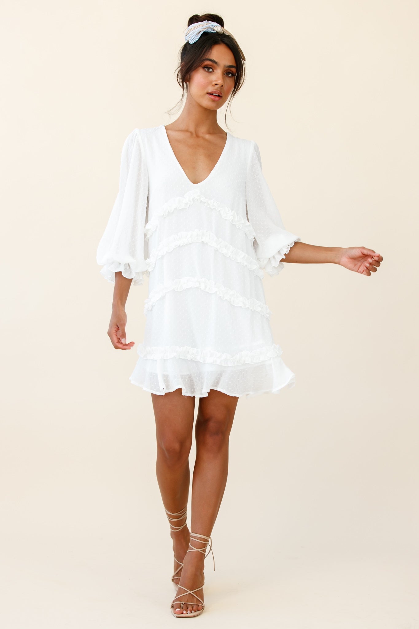 Tabitha Balloon Sleeve Loose Fit Frill Detail Dress White-Maymioy