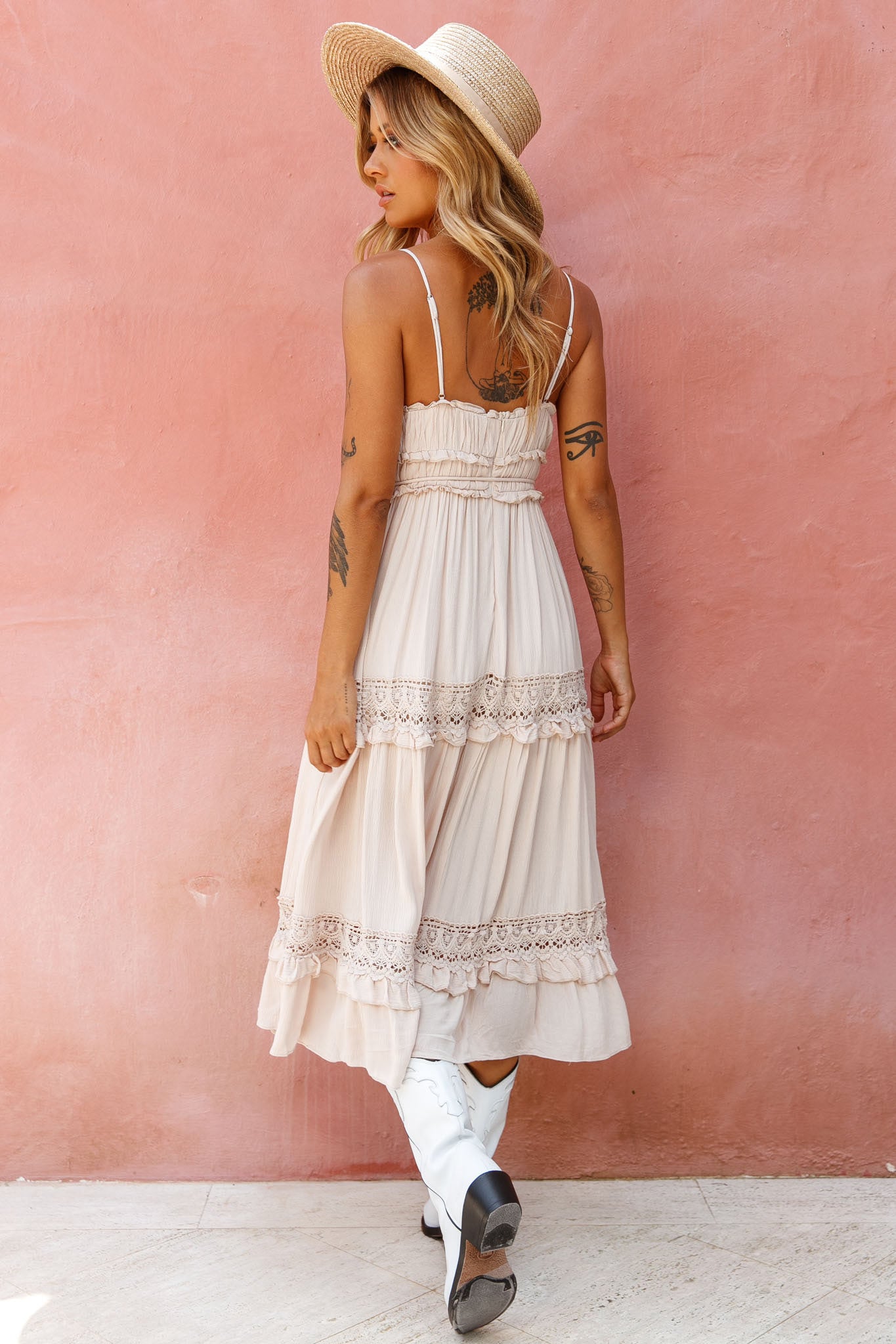 Meet You There Crochet & Frill Trim Detail Midi Dress Beige-Maymioy
