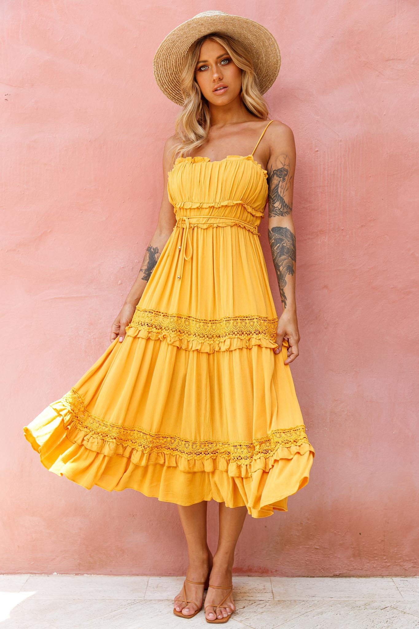 Meet You There Crochet & Frill Trim Detail Midi Dress Mustard-Maymioy