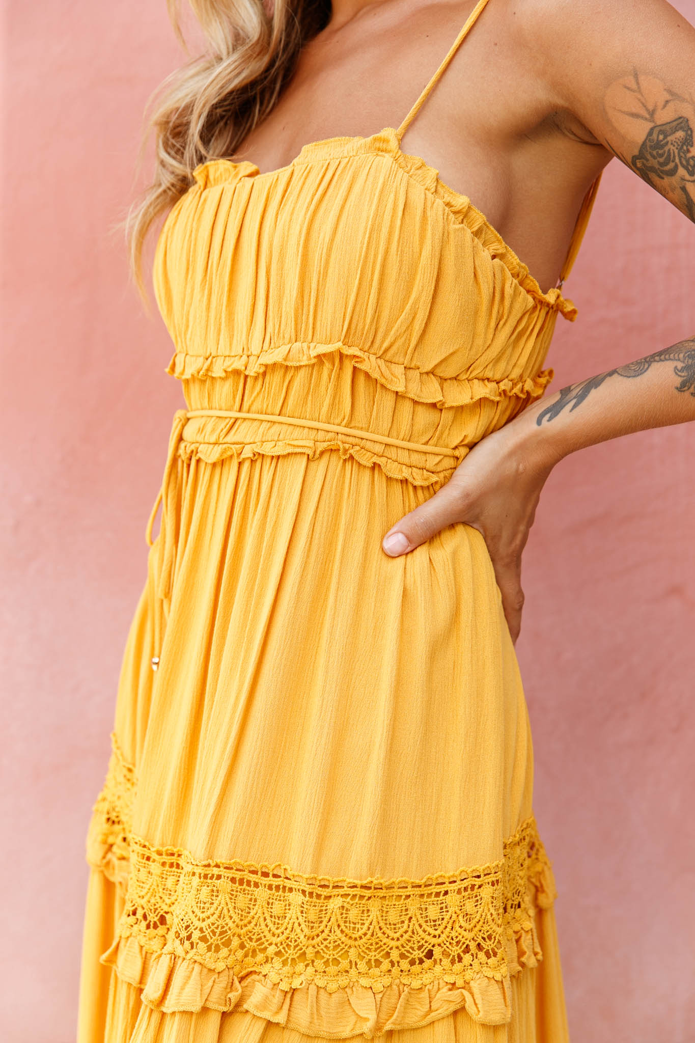 Meet You There Crochet & Frill Trim Detail Midi Dress Mustard-Maymioy