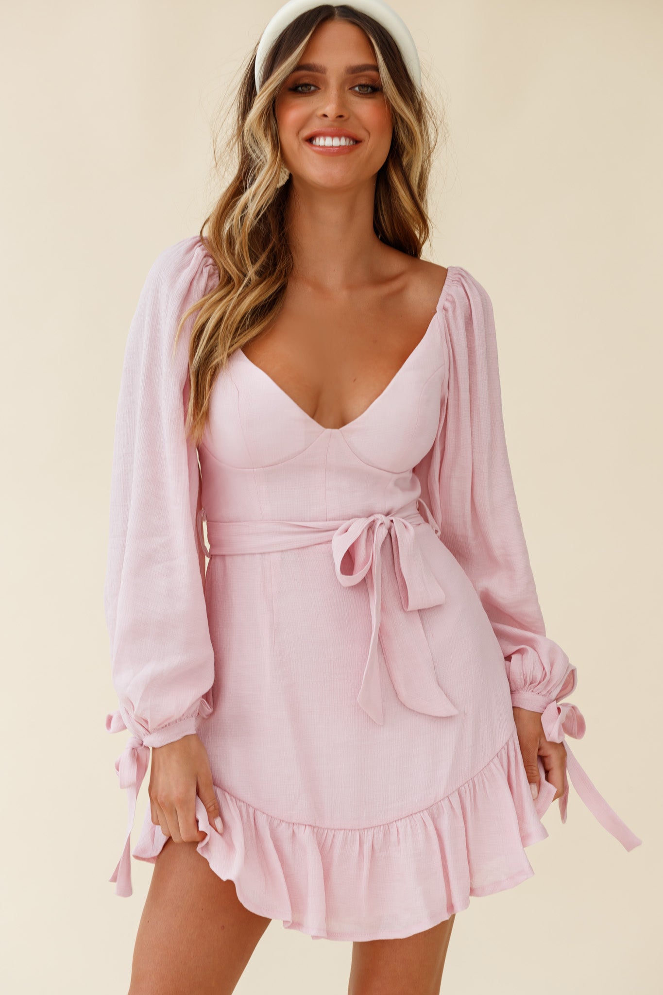 Make Memories Balloon Sleeve Molded Bust Dress Blush-Maymioy