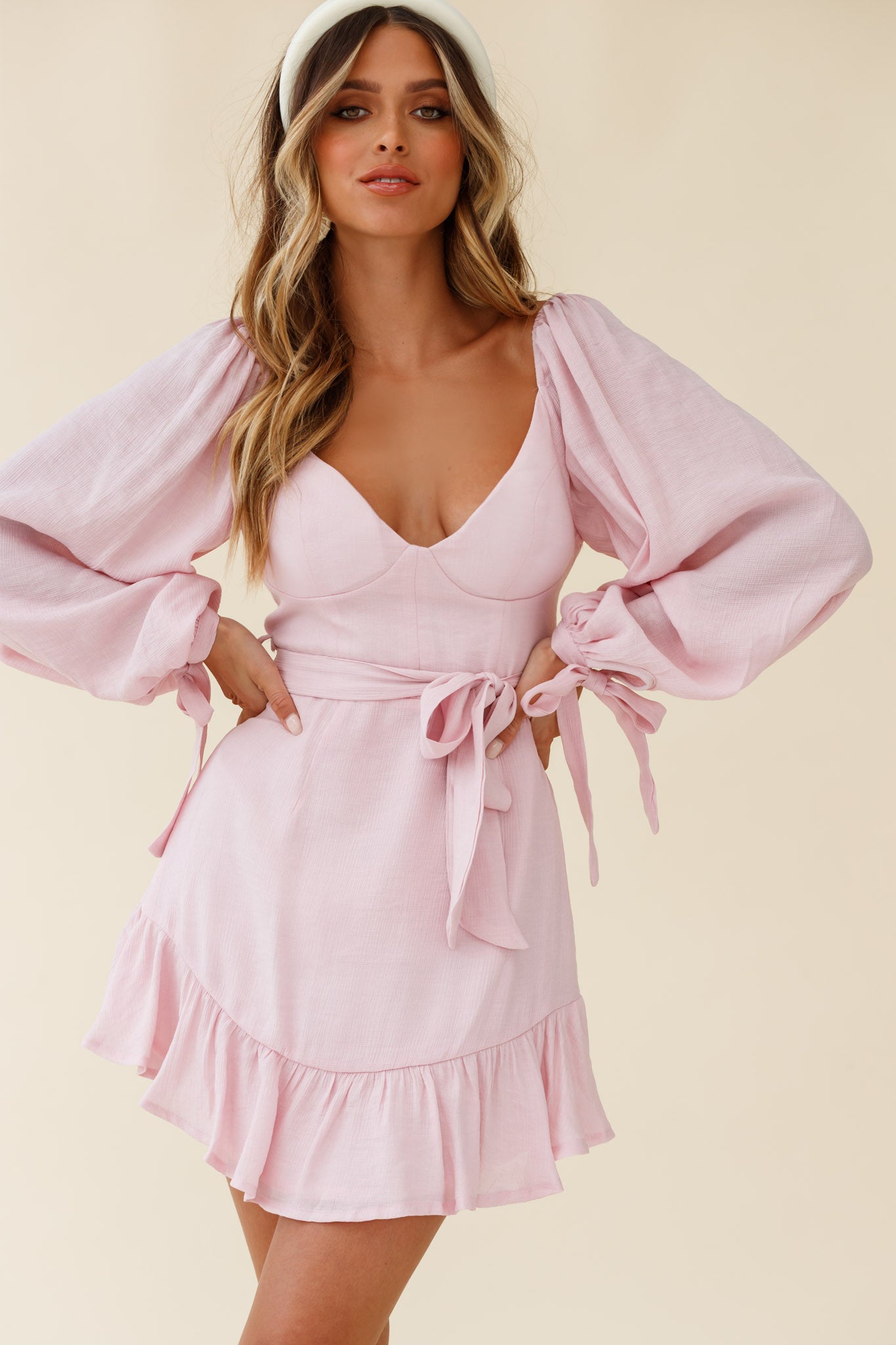 Make Memories Balloon Sleeve Molded Bust Dress Blush-Maymioy