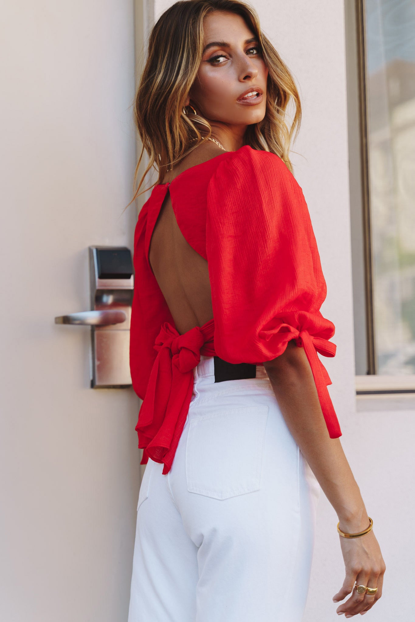 Make Memories Balloon Sleeve Molded Bust Crop Top Red-Maymioy