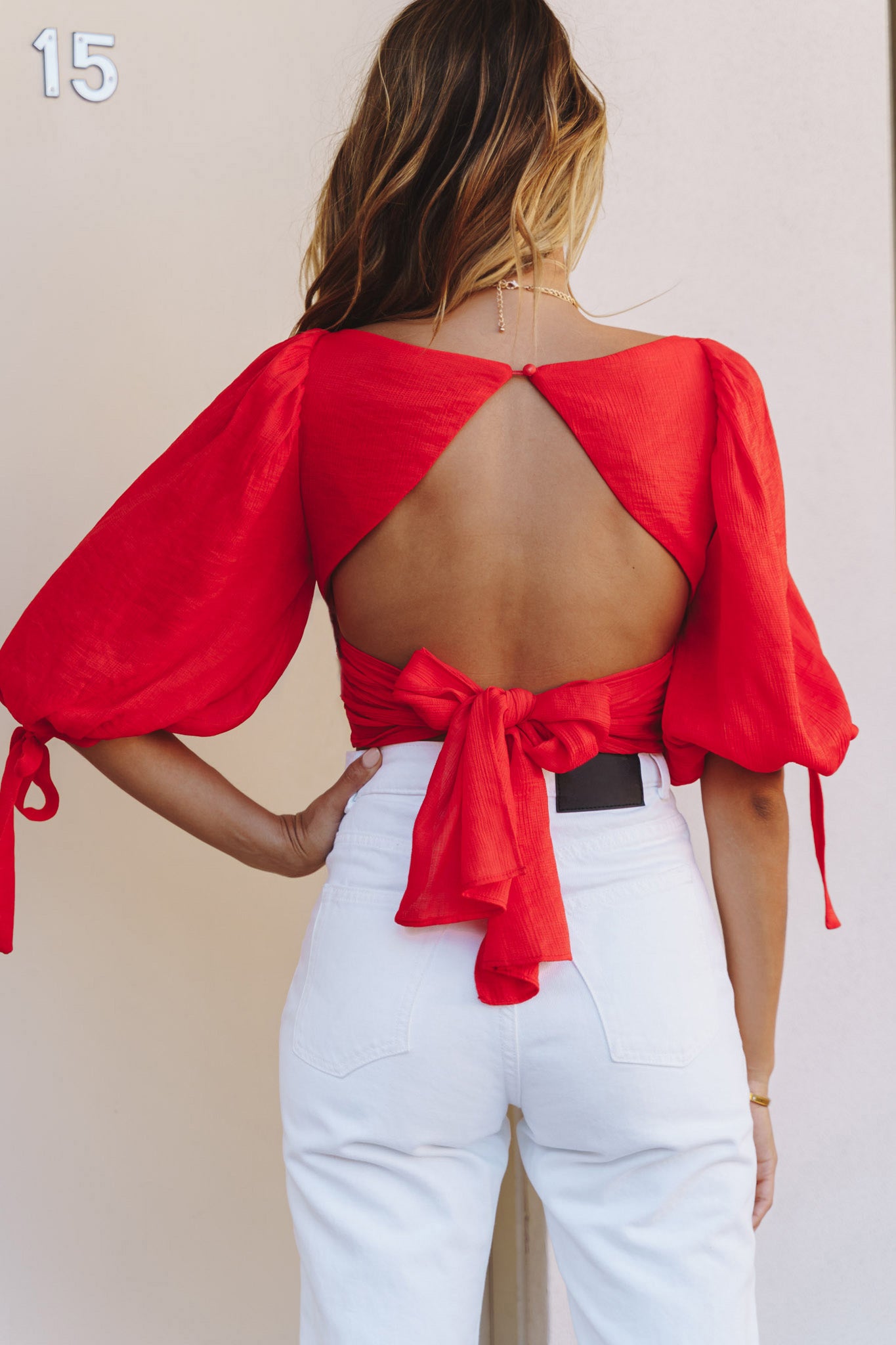 Make Memories Balloon Sleeve Molded Bust Crop Top Red-Maymioy