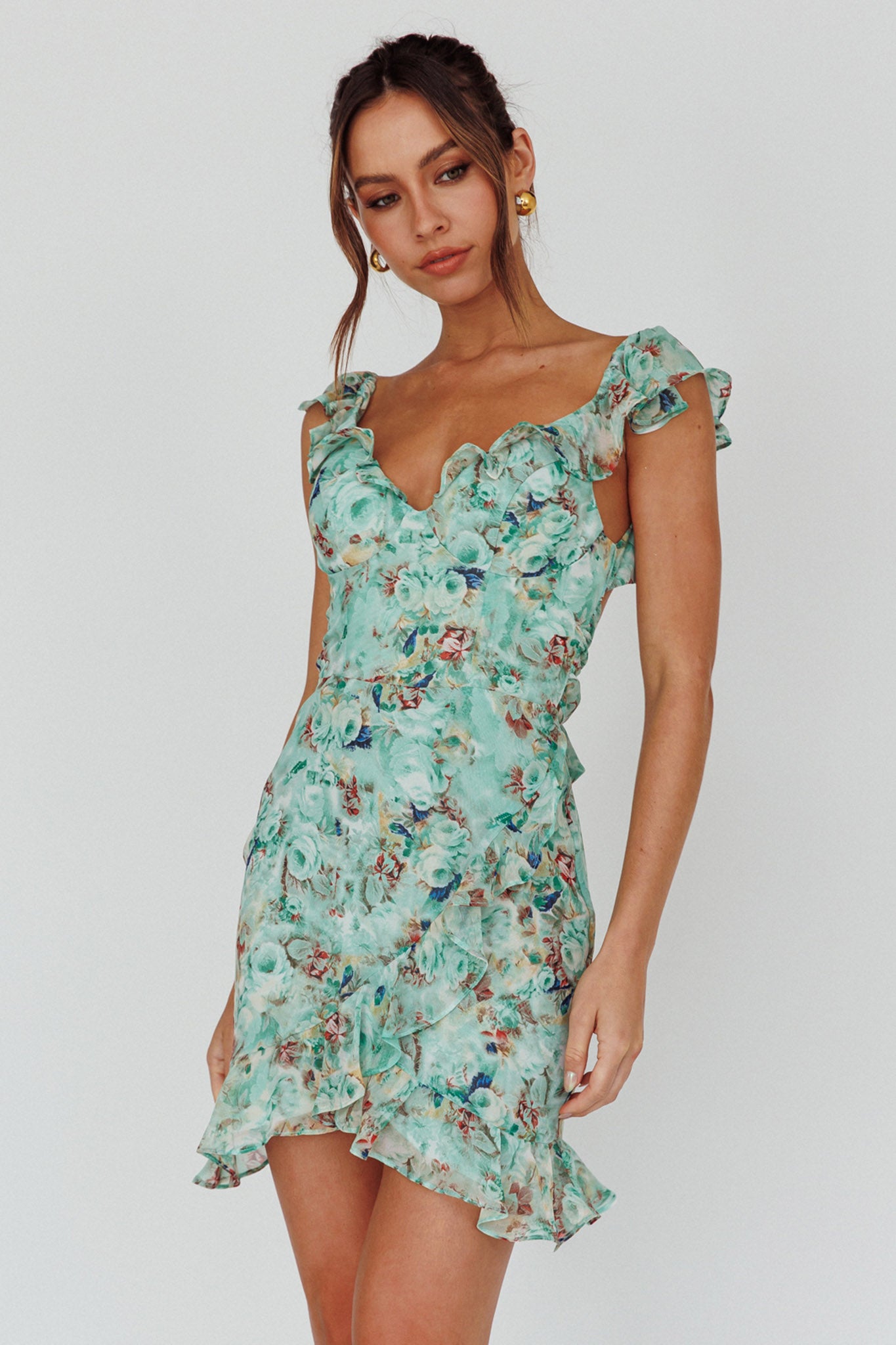 Make Memories Frill Strap Mini Dress Floral Mint-Maymioy