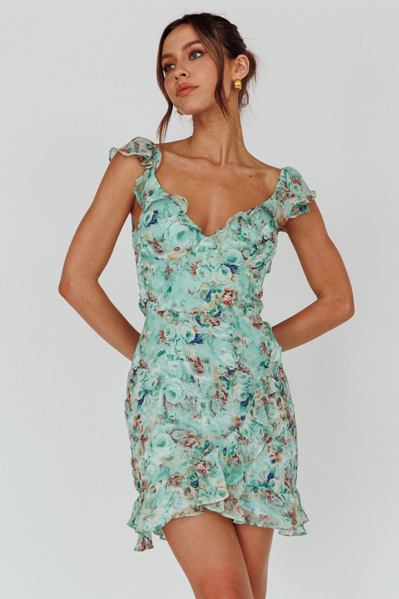 Make Memories Frill Strap Mini Dress Floral Mint-Maymioy