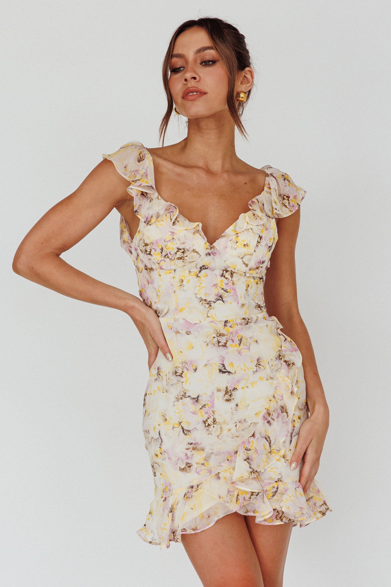 Make Memories Frill Strap Mini Dress Floral Yellow-Maymioy