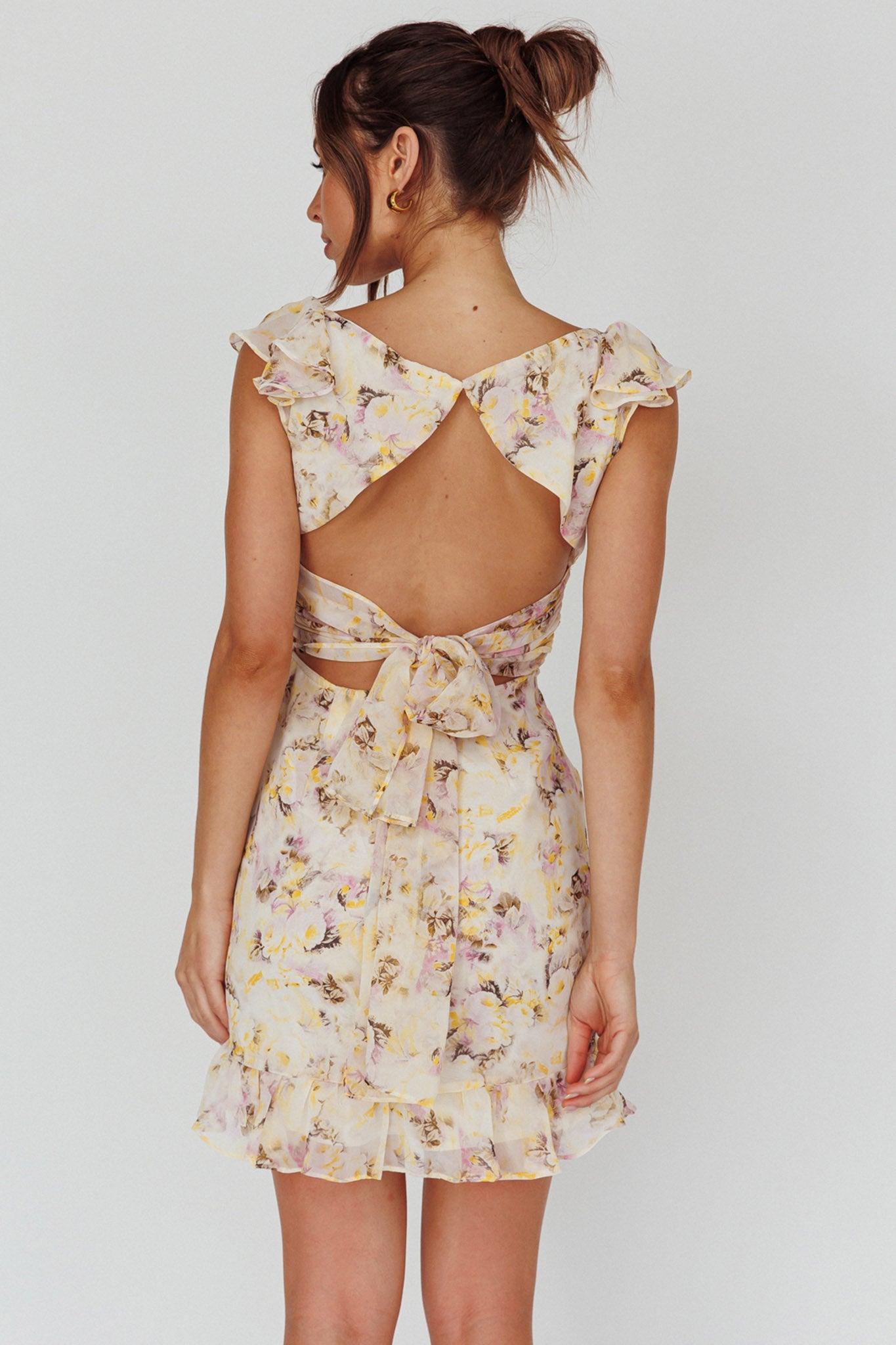 Make Memories Frill Strap Mini Dress Floral Yellow-Maymioy