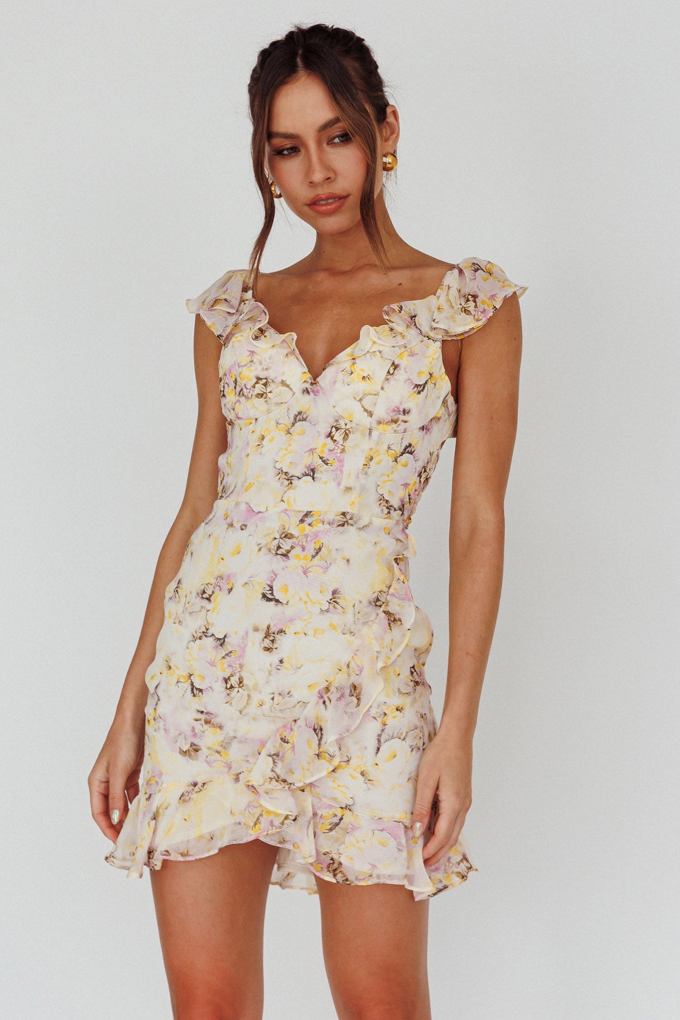 Make Memories Frill Strap Mini Dress Floral Yellow-Maymioy