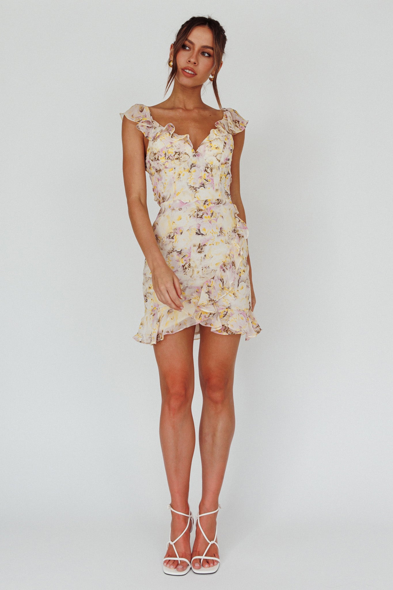 Make Memories Frill Strap Mini Dress Floral Yellow-Maymioy