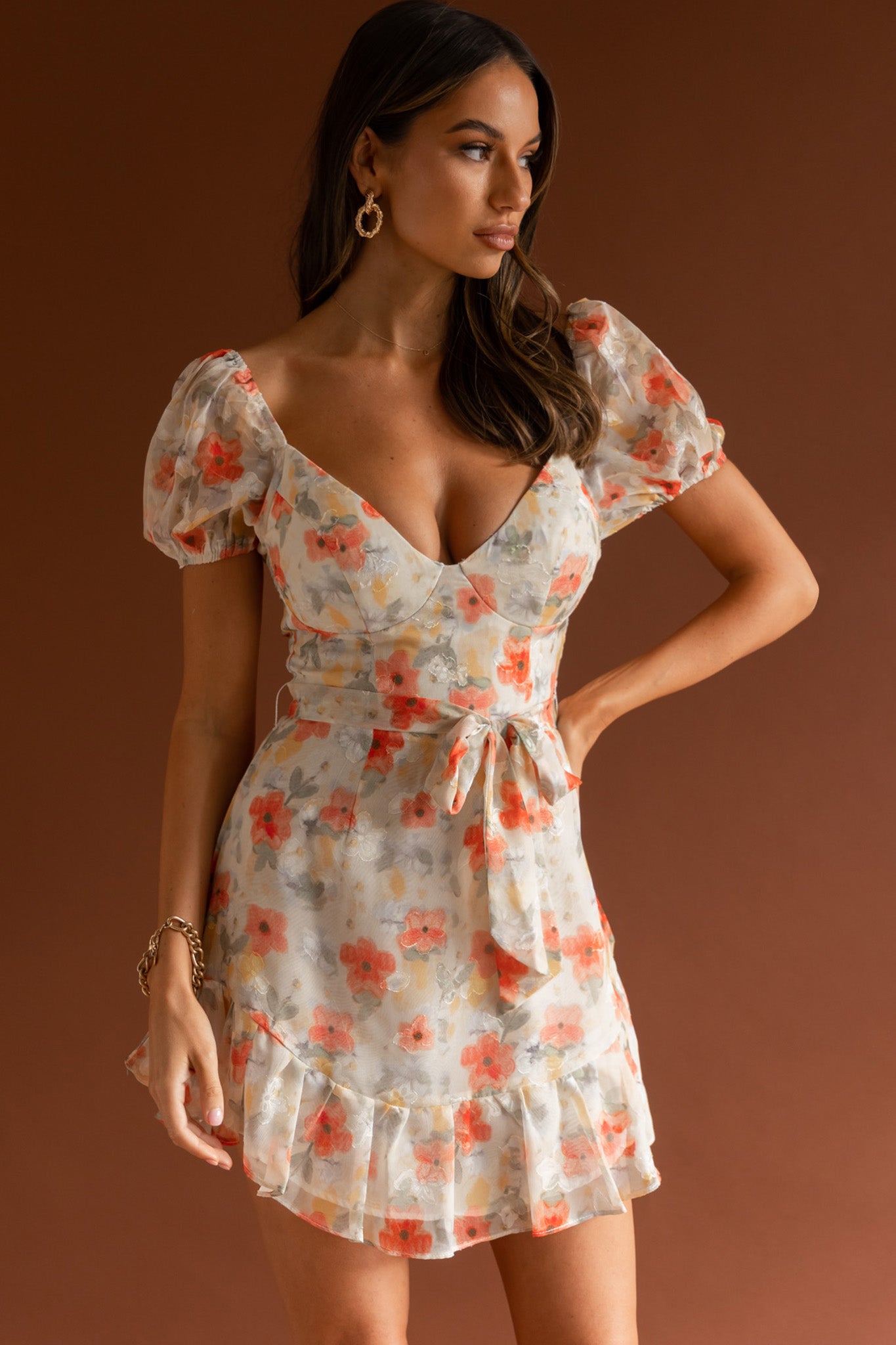Make Memories Puff Sleeve Dress Floral Orange-Maymioy