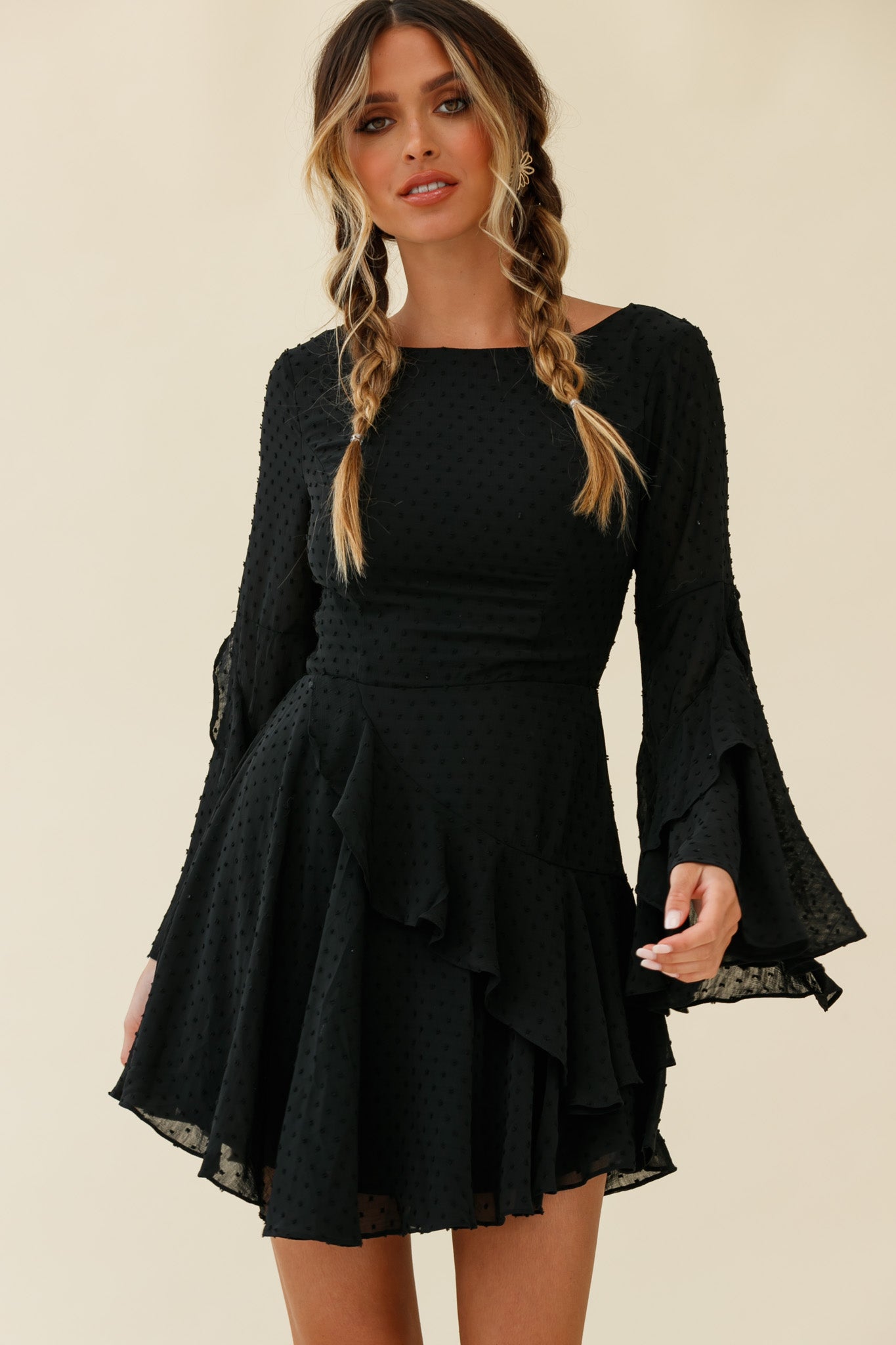 Carlini Flared Sleeve Boat Neckline Dress Black-Maymioy