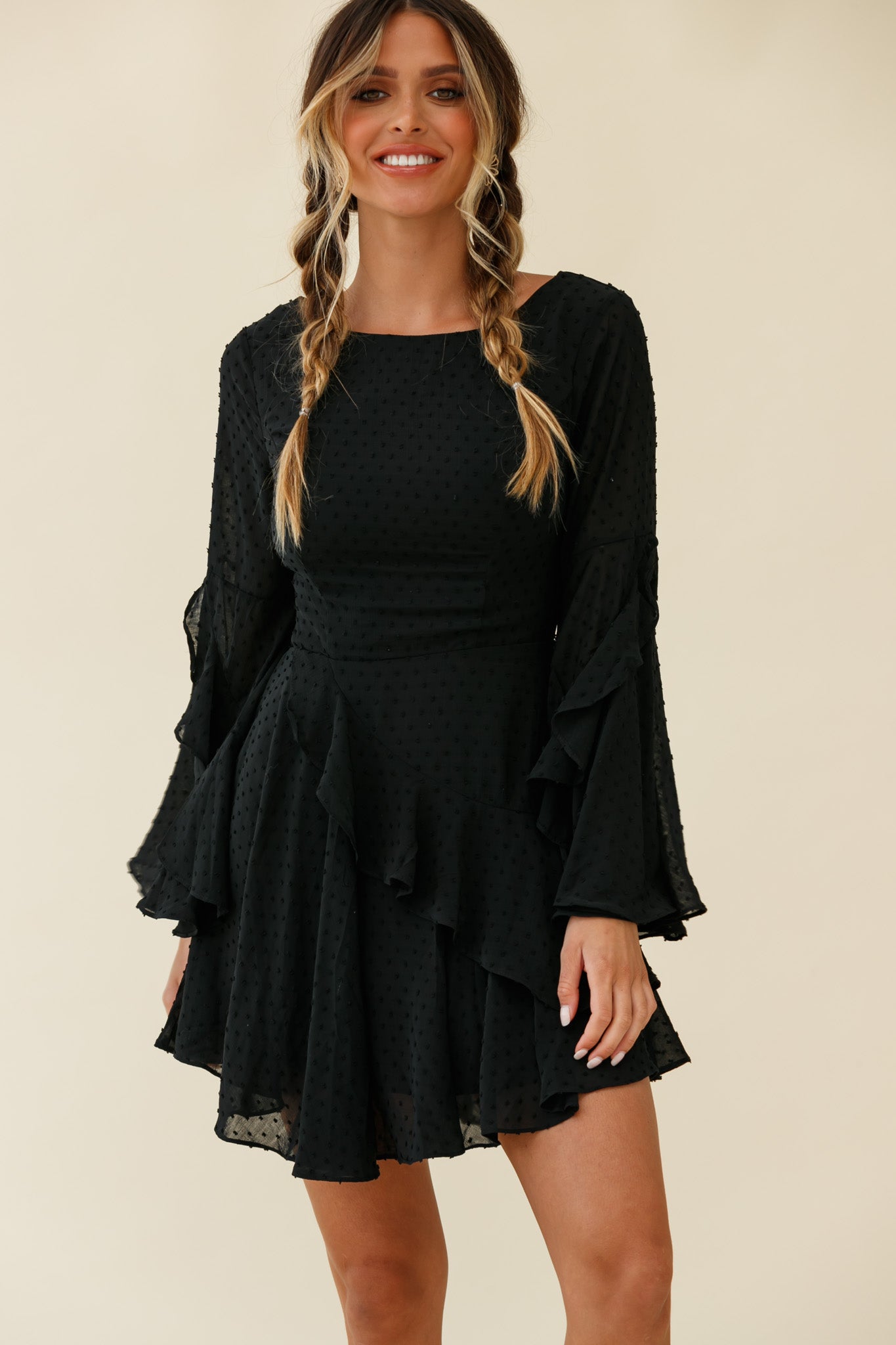 Carlini Flared Sleeve Boat Neckline Dress Black-Maymioy