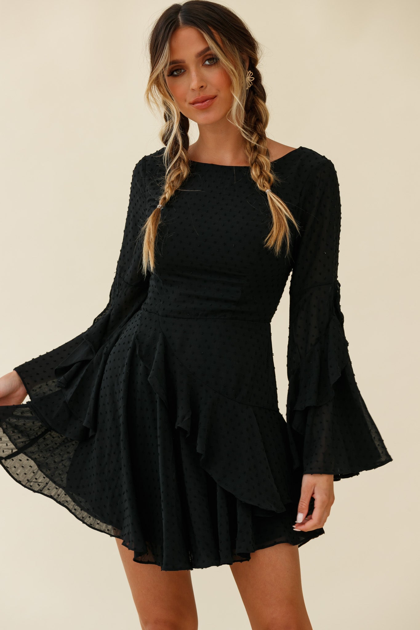 Carlini Flared Sleeve Boat Neckline Dress Black-Maymioy