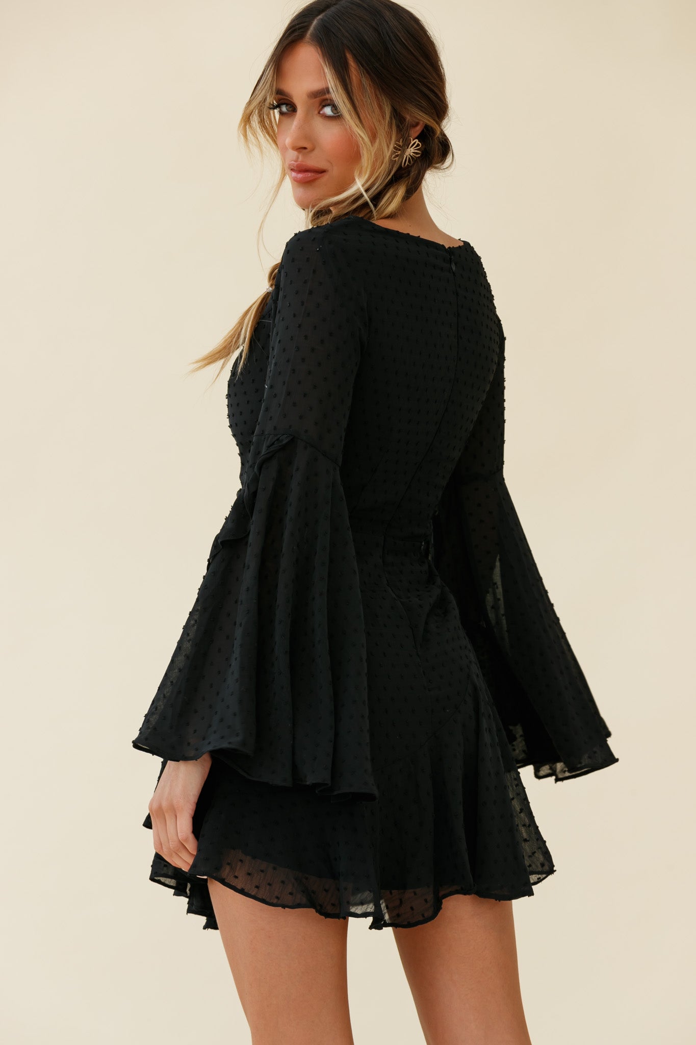Carlini Flared Sleeve Boat Neckline Dress Black-Maymioy