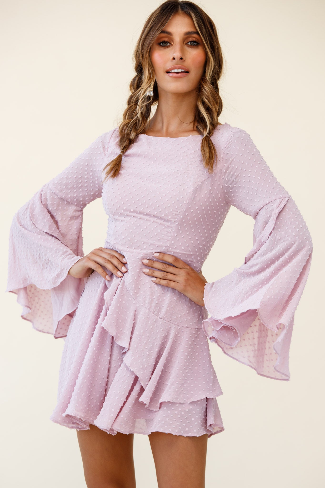 Carlini Flared Sleeve Boat Neckline Dress Blush-Maymioy