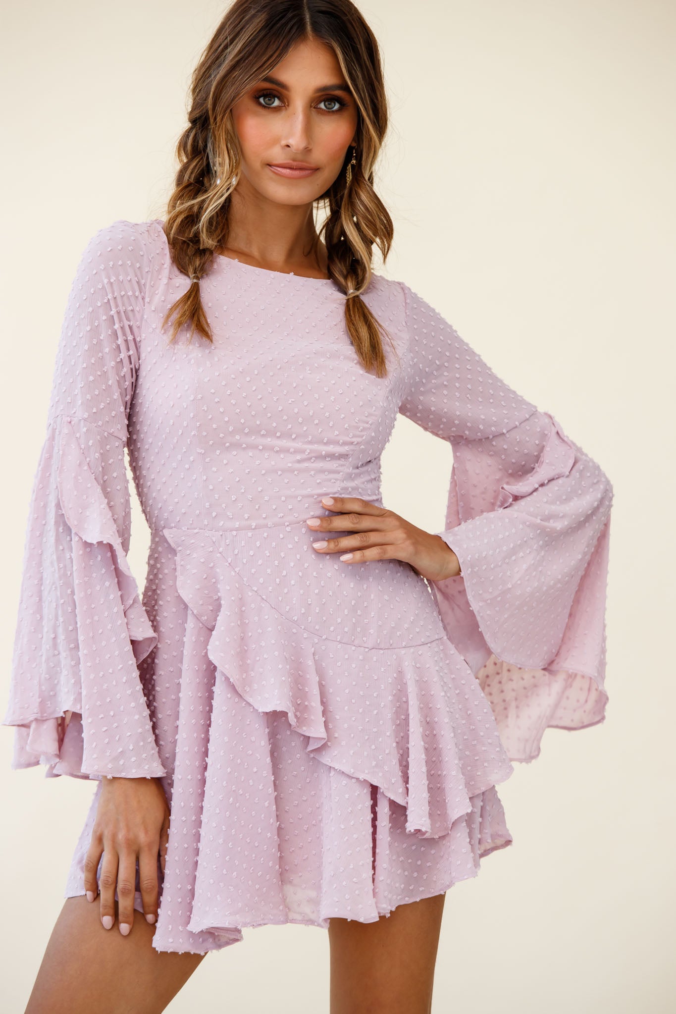 Carlini Flared Sleeve Boat Neckline Dress Blush-Maymioy