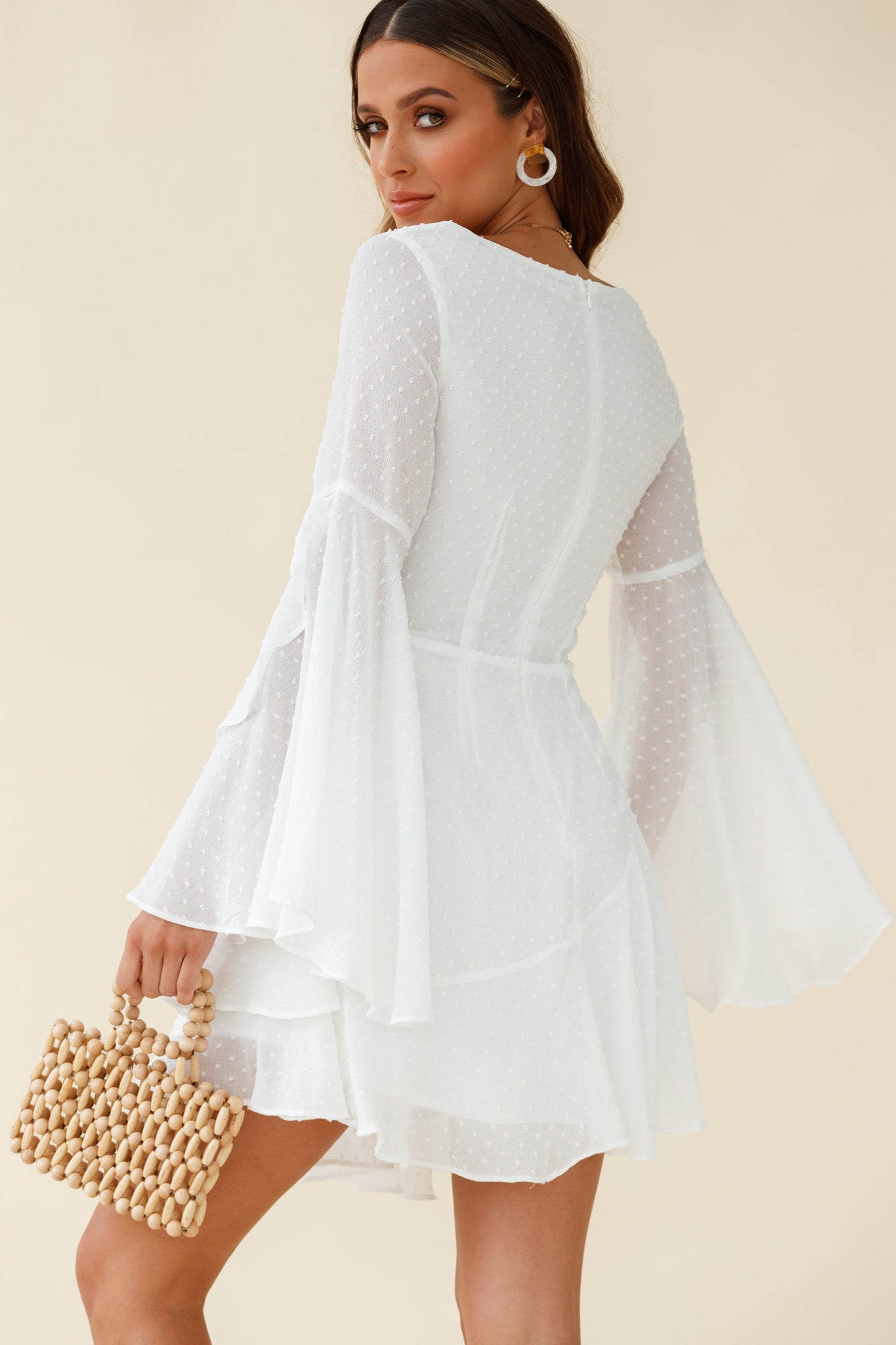 Carlini Flared Sleeve Boat Neckline Dress White-Maymioy
