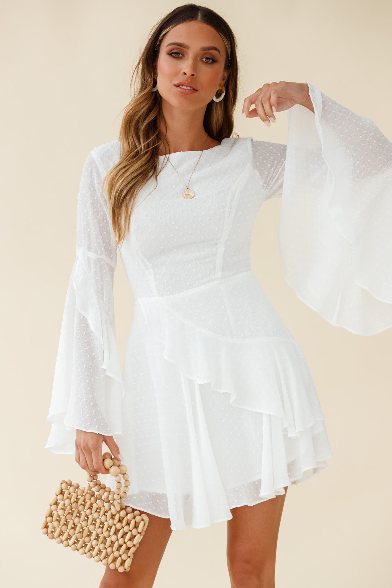 Carlini Flared Sleeve Boat Neckline Dress White-Maymioy