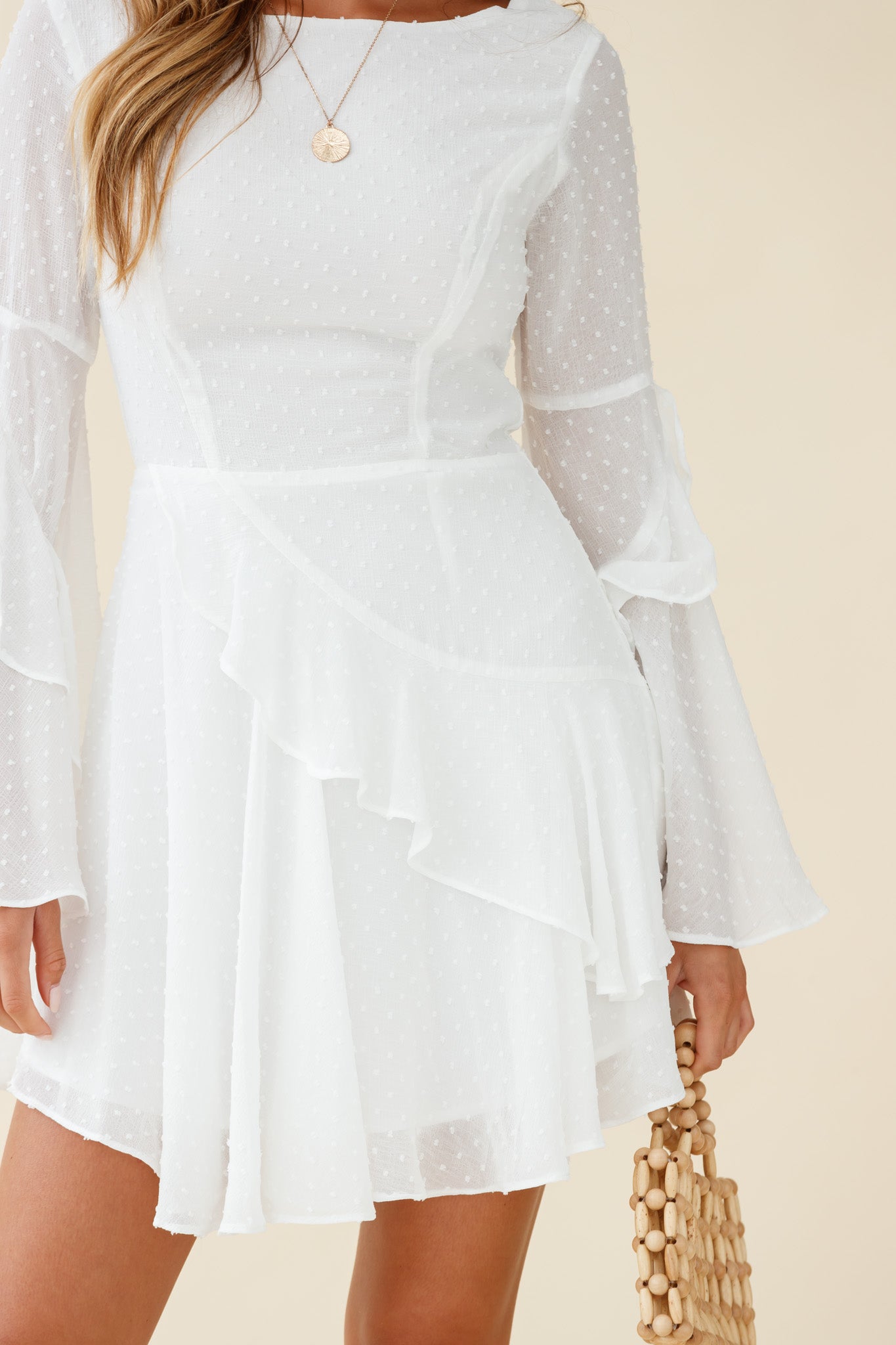 Carlini Flared Sleeve Boat Neckline Dress White-Maymioy
