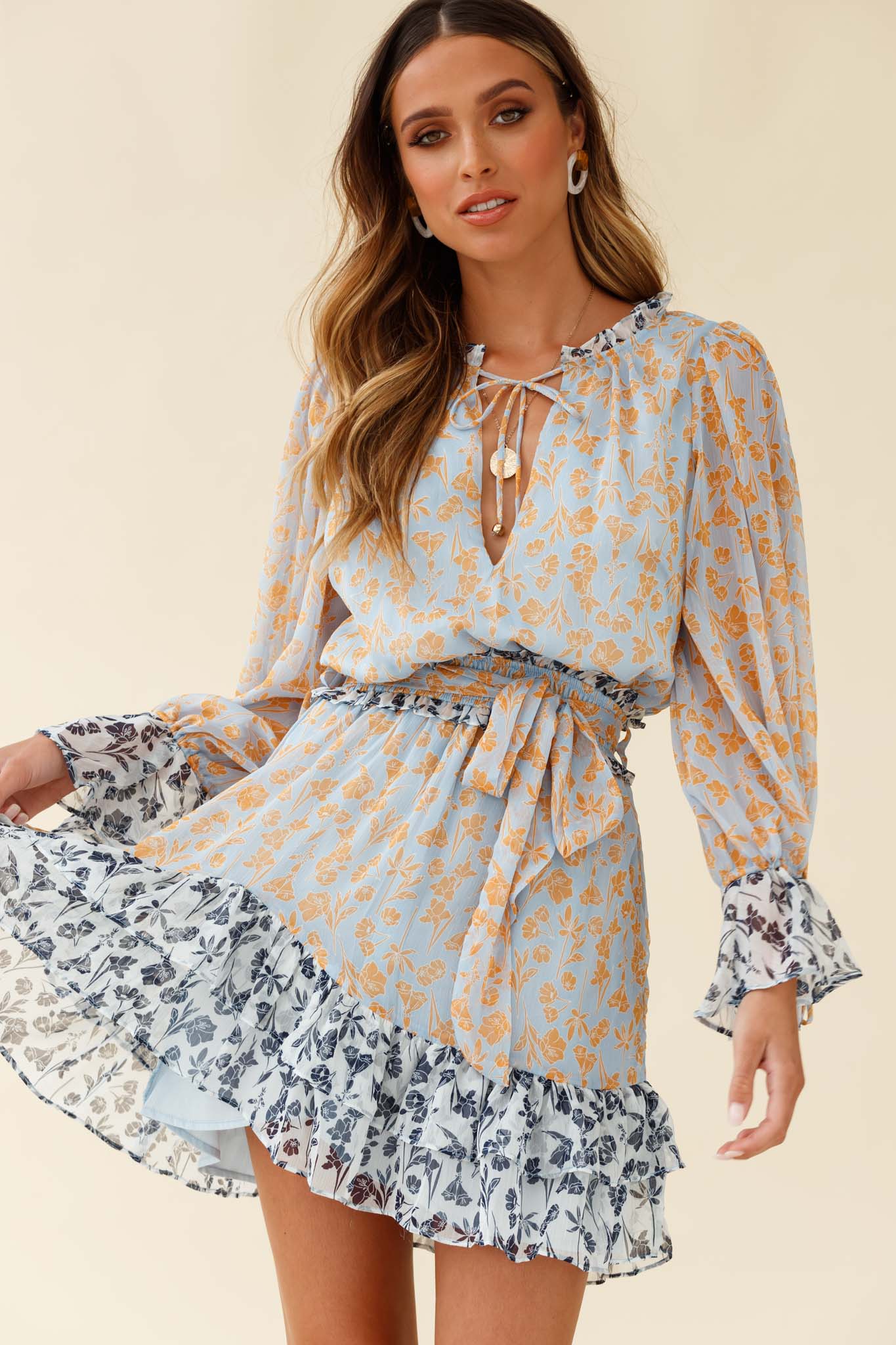 Prague Long Sleeve Ruffle Hem Dress Floral Print Blue/Orange Multi-Maymioy