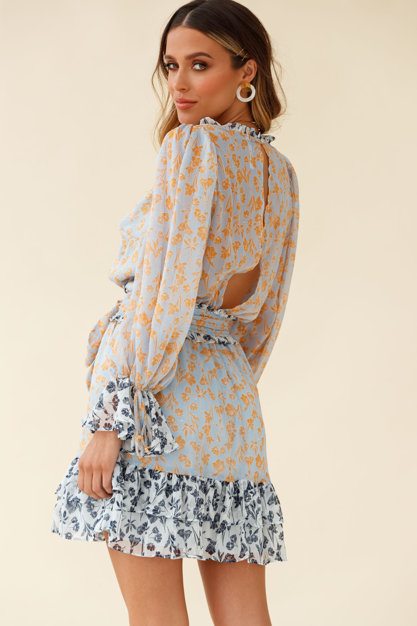 Prague Long Sleeve Ruffle Hem Dress Floral Print Blue/Orange Multi-Maymioy