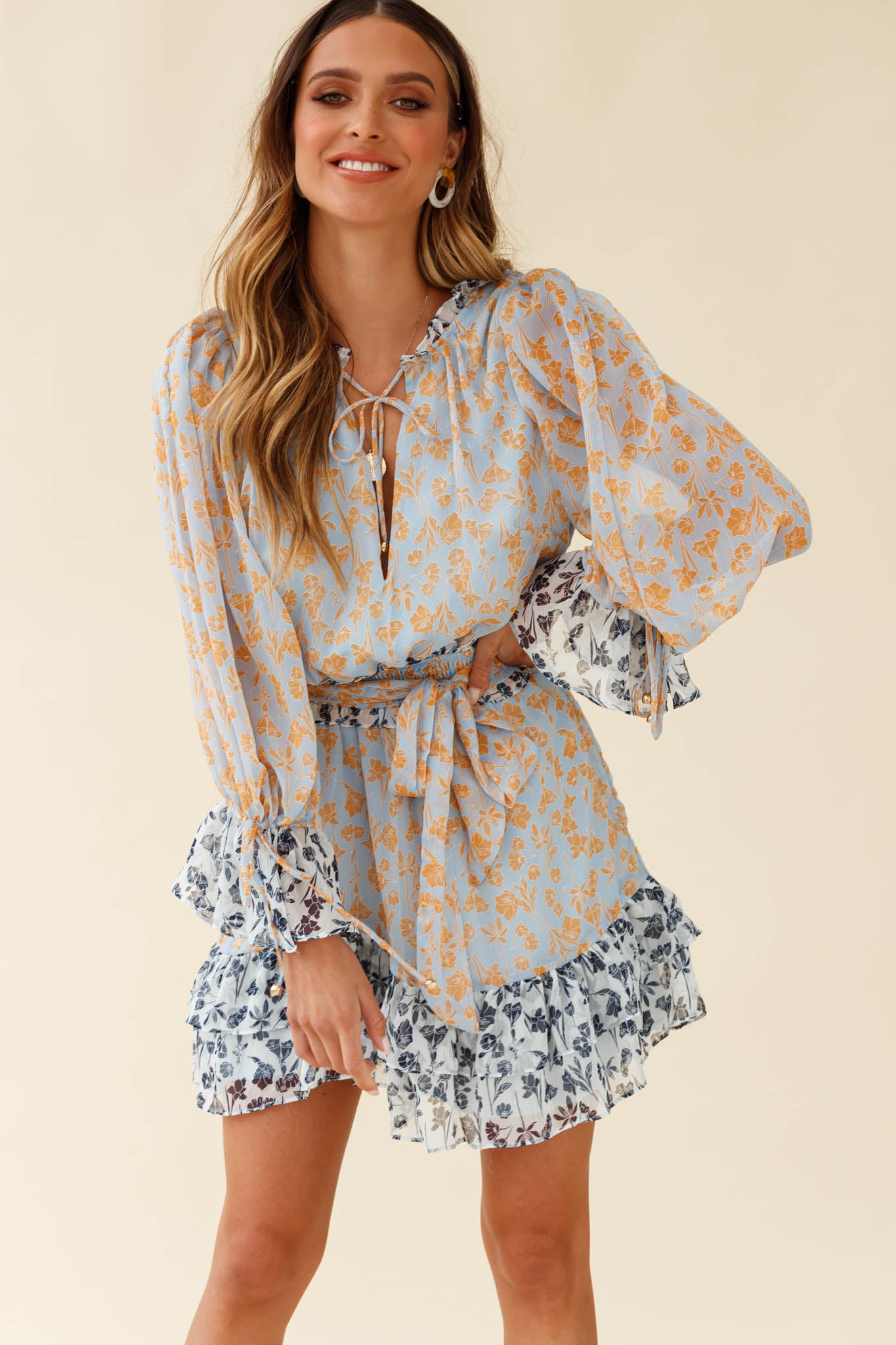 Prague Long Sleeve Ruffle Hem Dress Floral Print Blue/Orange Multi-Maymioy