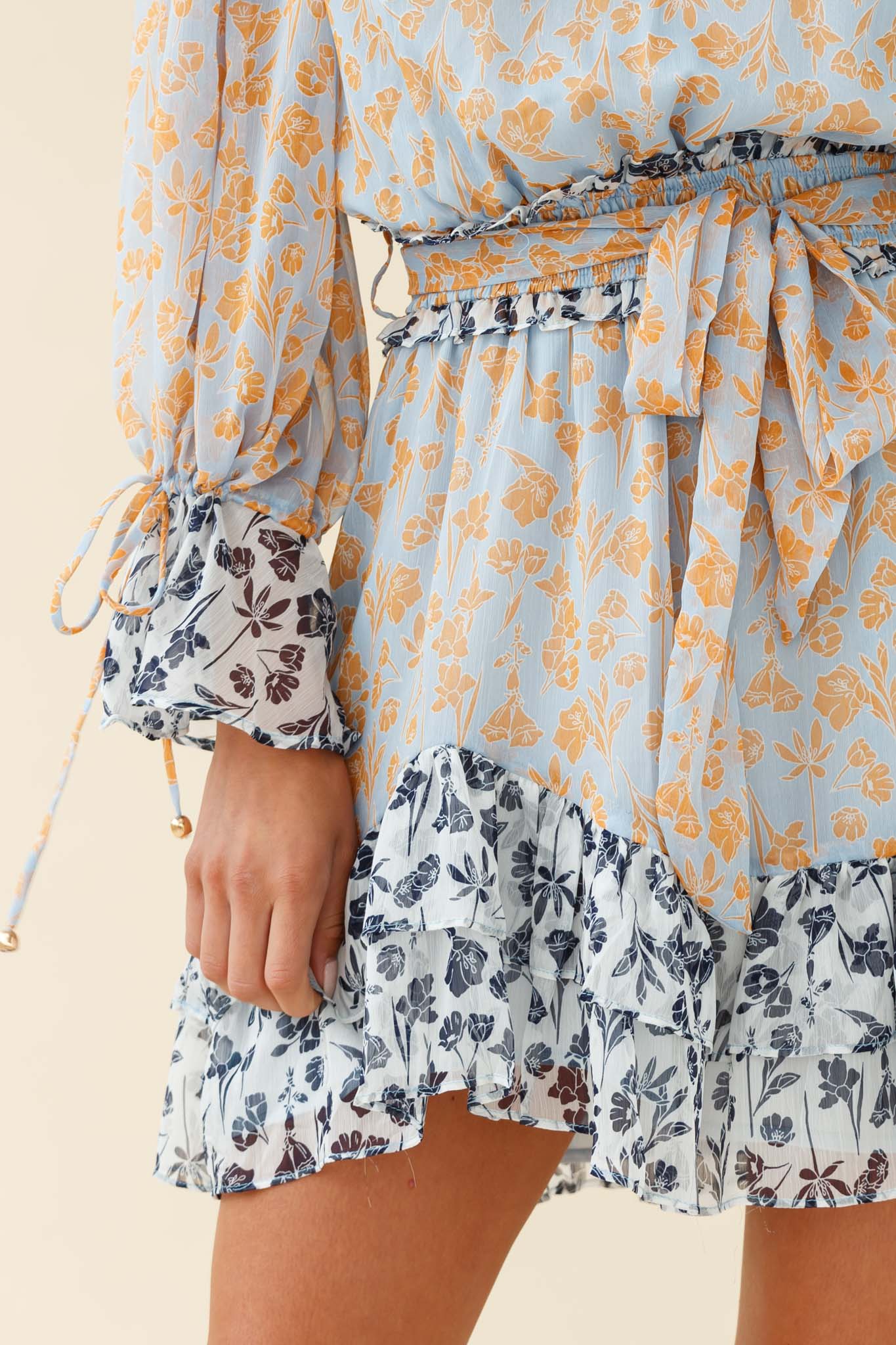 Prague Long Sleeve Ruffle Hem Dress Floral Print Blue/Orange Multi-Maymioy