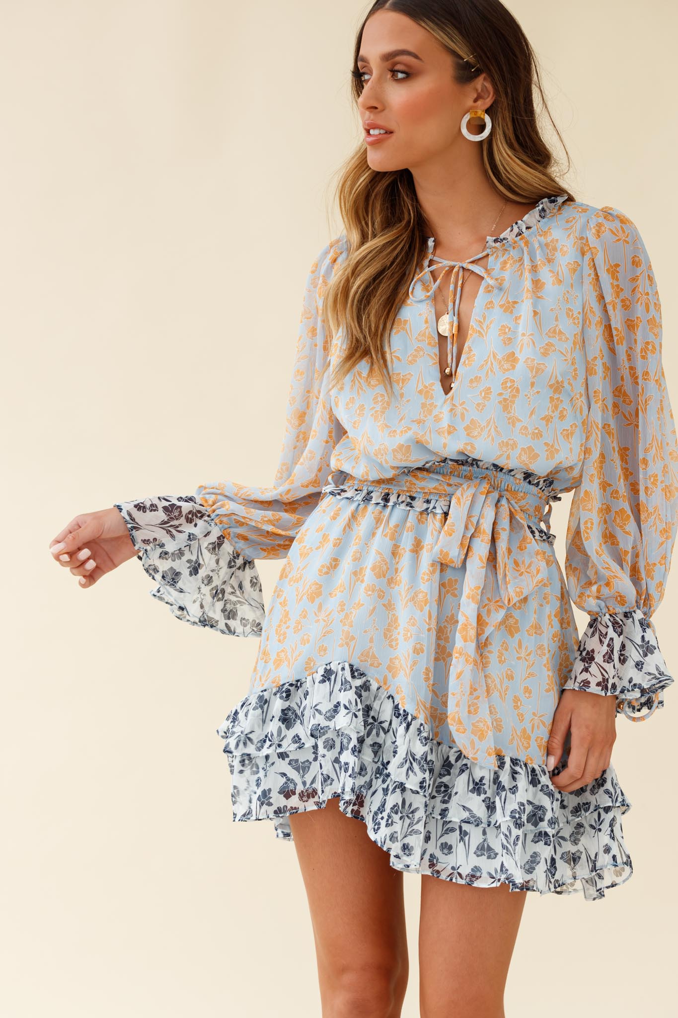 Prague Long Sleeve Ruffle Hem Dress Floral Print Blue/Orange Multi-Maymioy