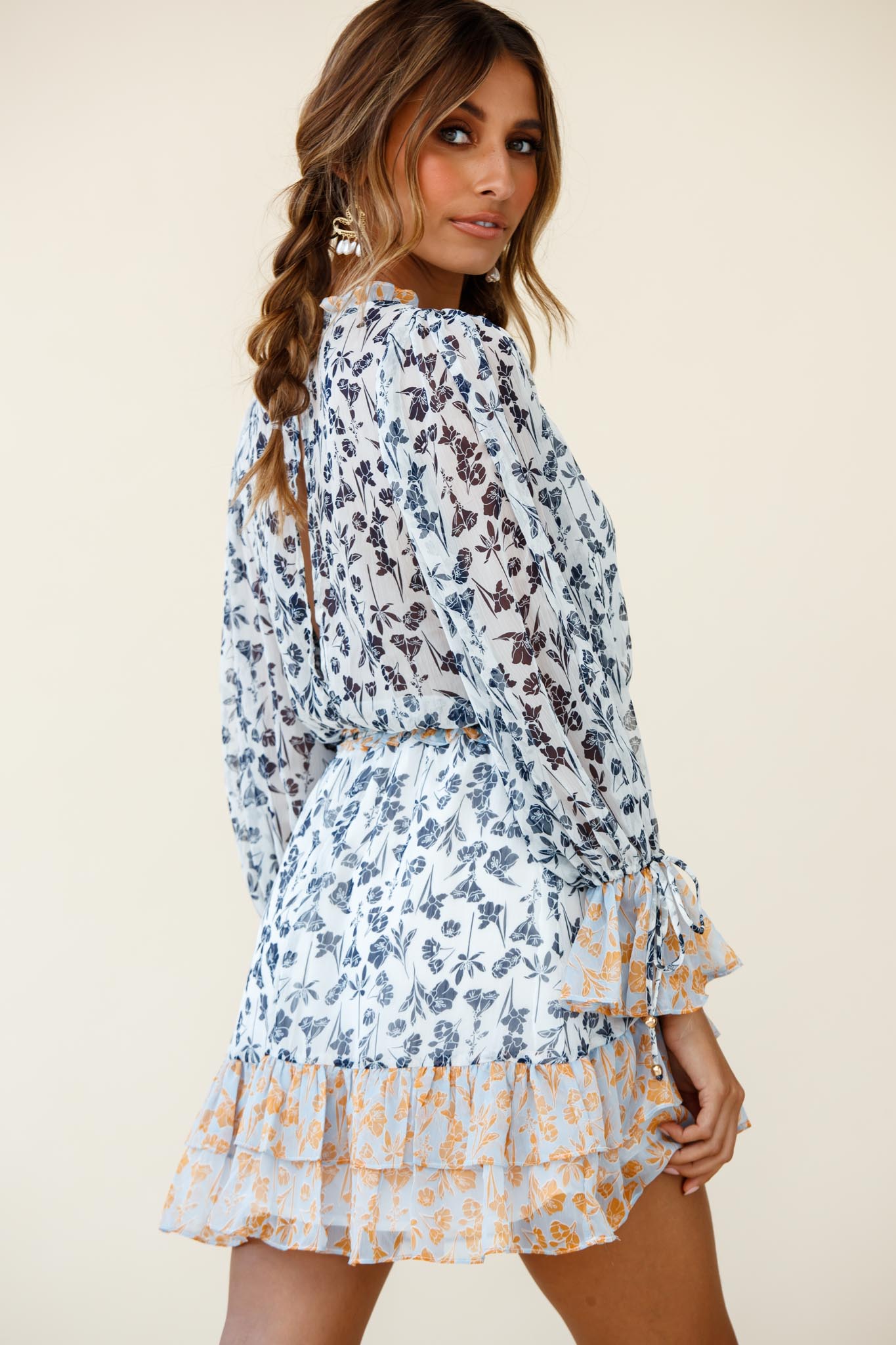 Prague Long Sleeve Ruffle Hem Dress Floral Print Navy/White Multi-Maymioy