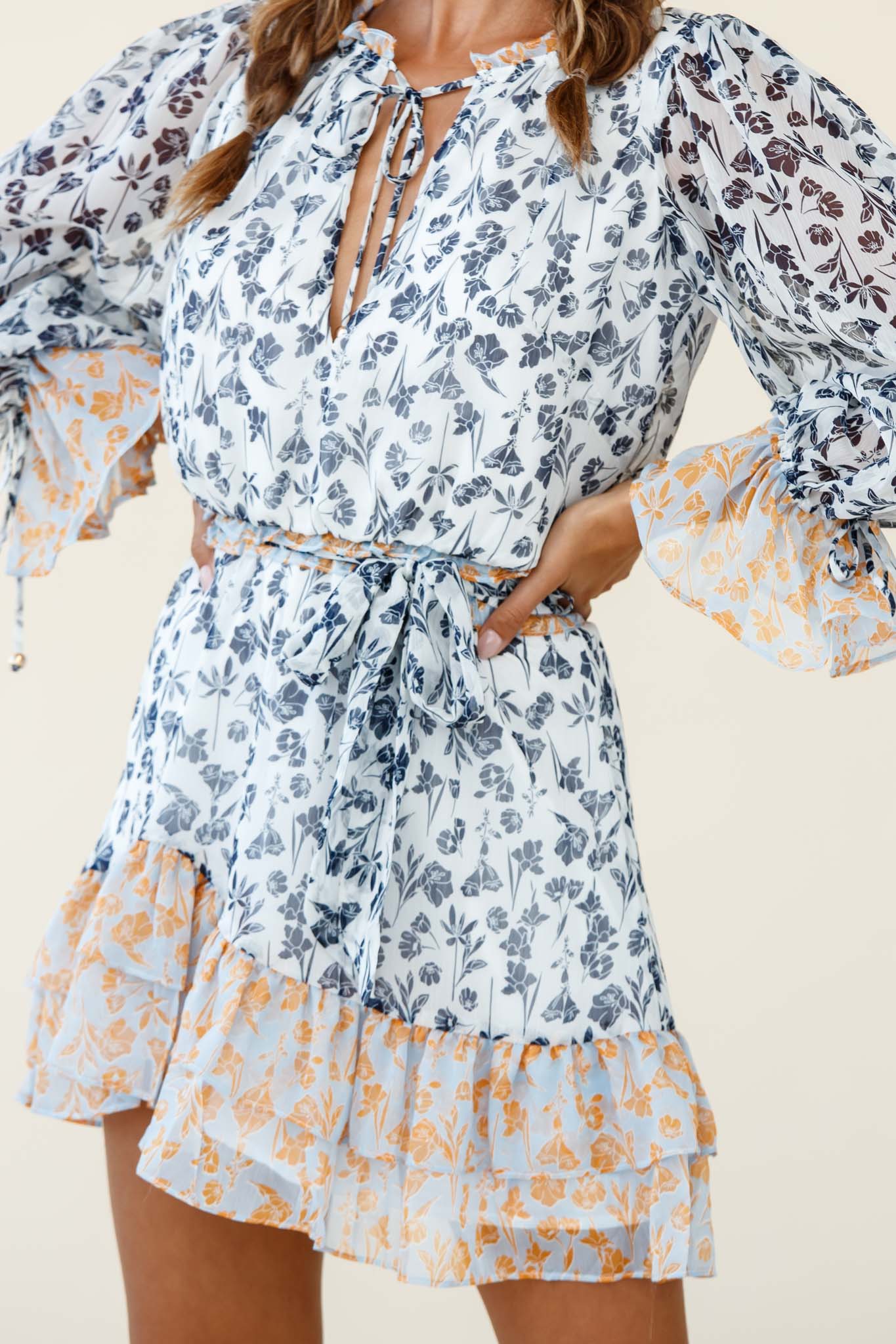 Prague Long Sleeve Ruffle Hem Dress Floral Print Navy/White Multi-Maymioy