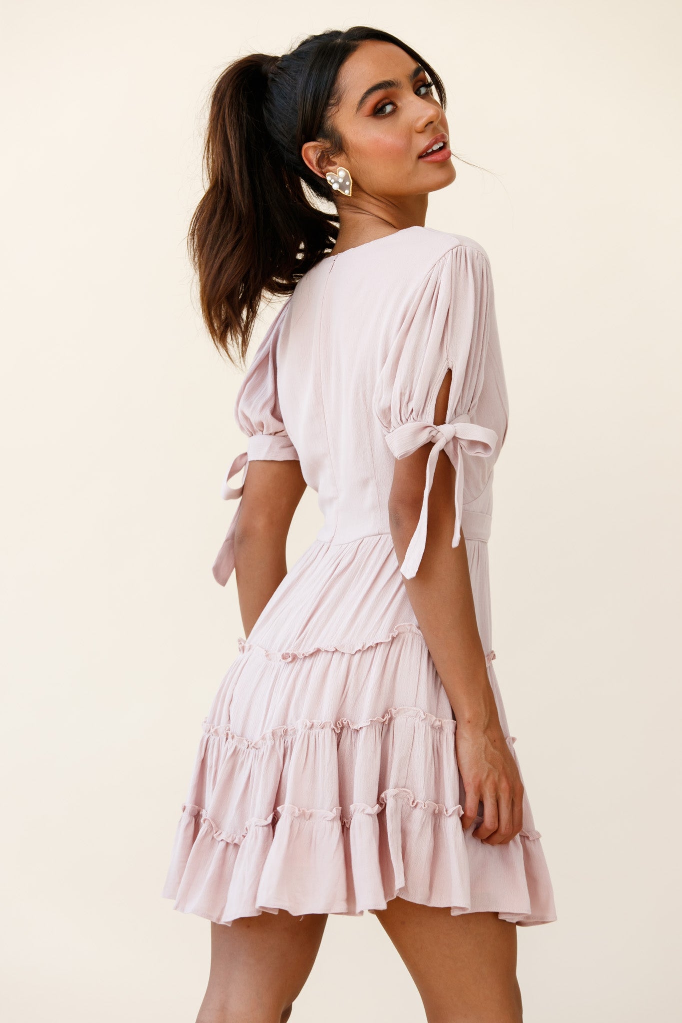 Jocelyn Short Sleeve Tied Cuff Layered Ruffle Dress Nude-Maymioy