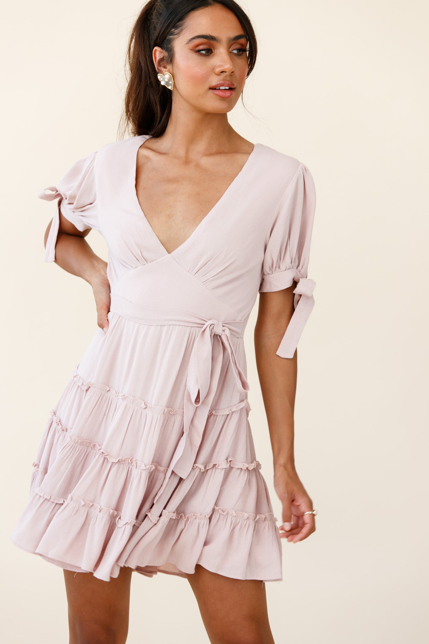 Jocelyn Short Sleeve Tied Cuff Layered Ruffle Dress Nude-Maymioy