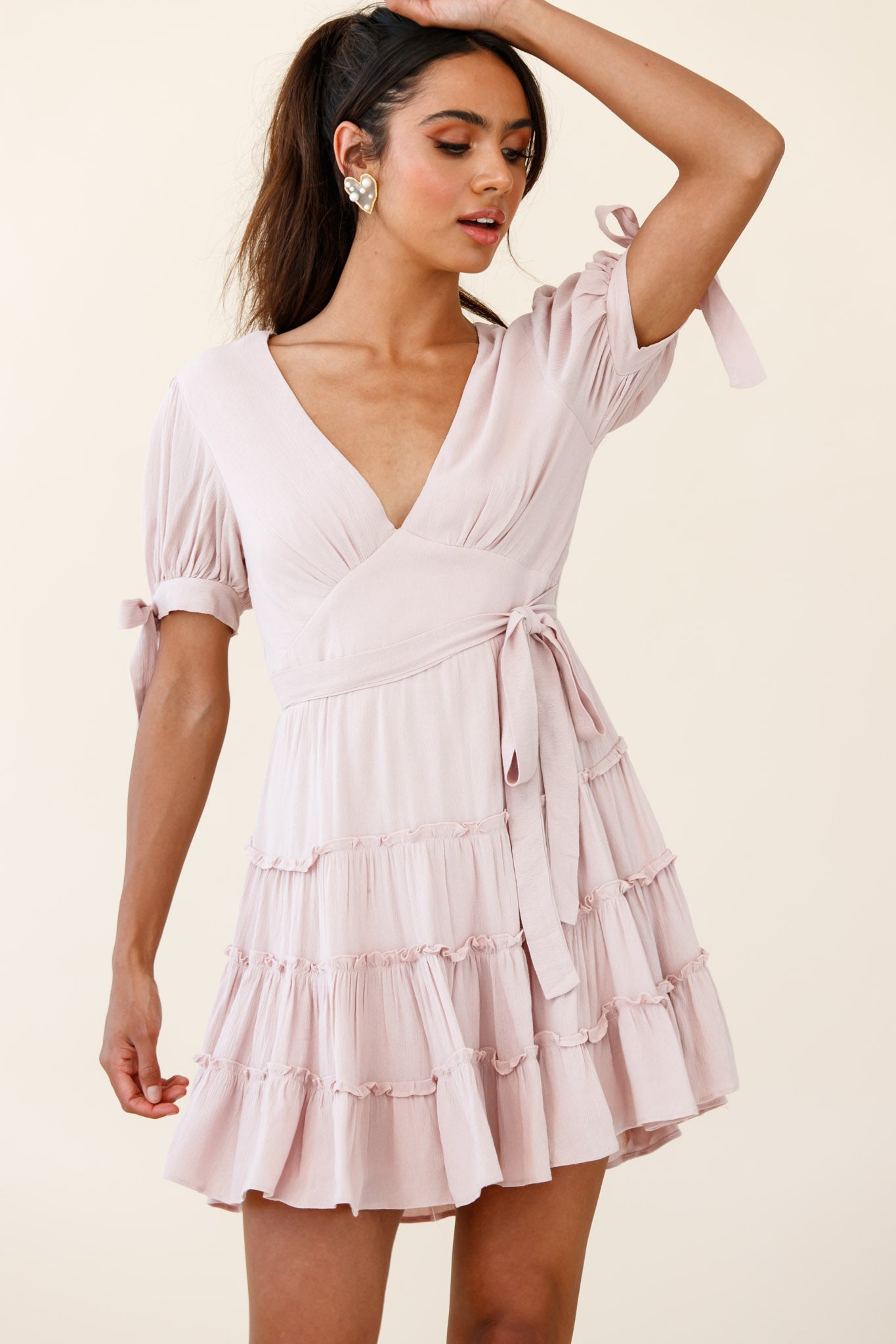 Jocelyn Short Sleeve Tied Cuff Layered Ruffle Dress Nude-Maymioy