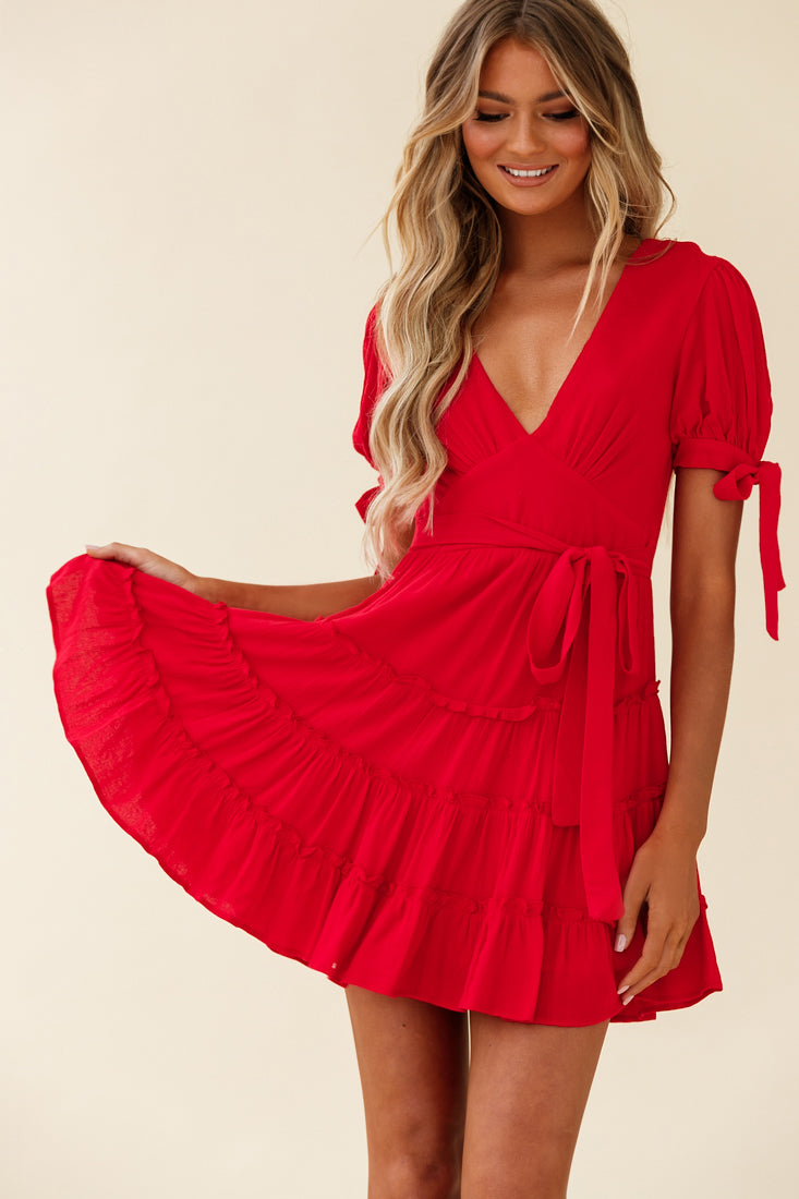 Jocelyn Short Sleeve Tied Cuff Layered Ruffle Dress Red-Maymioy