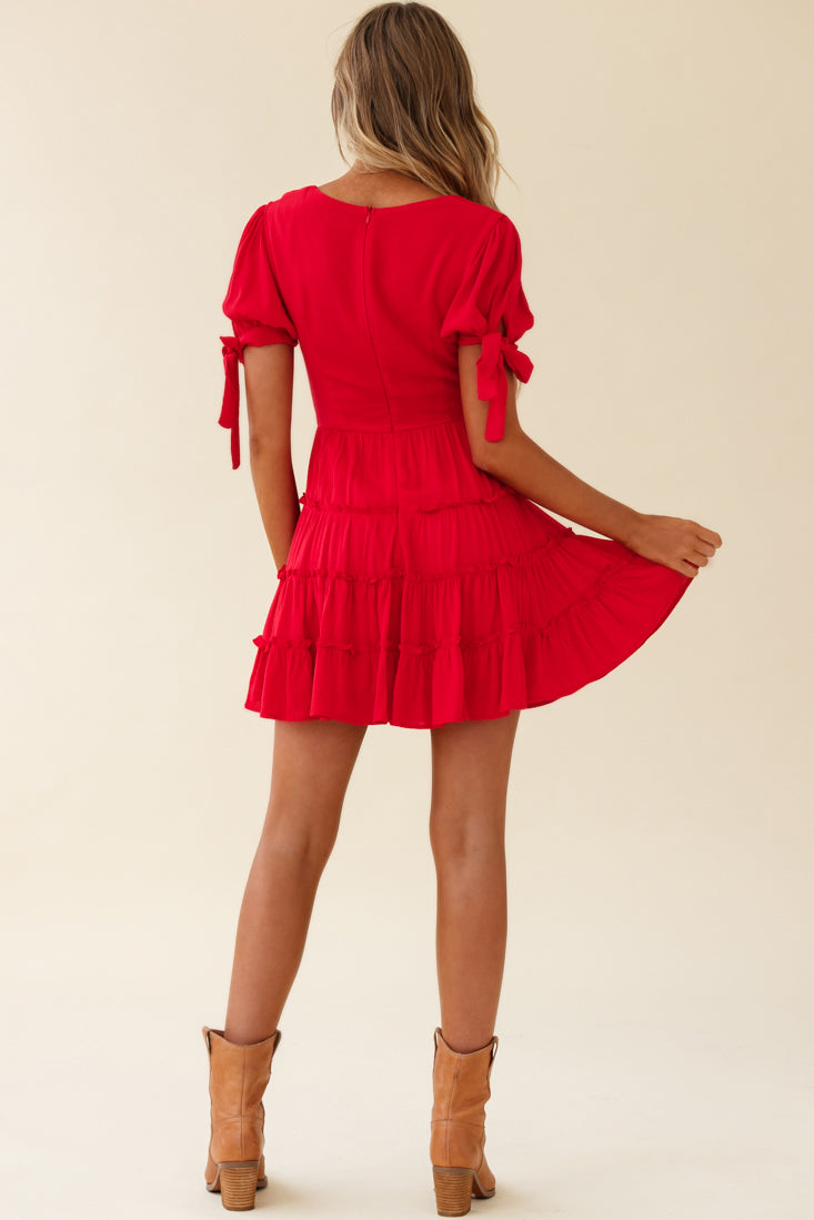 Jocelyn Short Sleeve Tied Cuff Layered Ruffle Dress Red-Maymioy