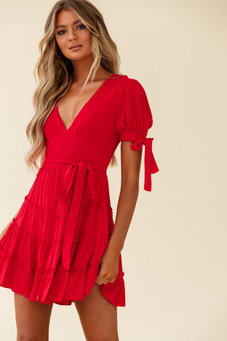 Jocelyn Short Sleeve Tied Cuff Layered Ruffle Dress Red-Maymioy