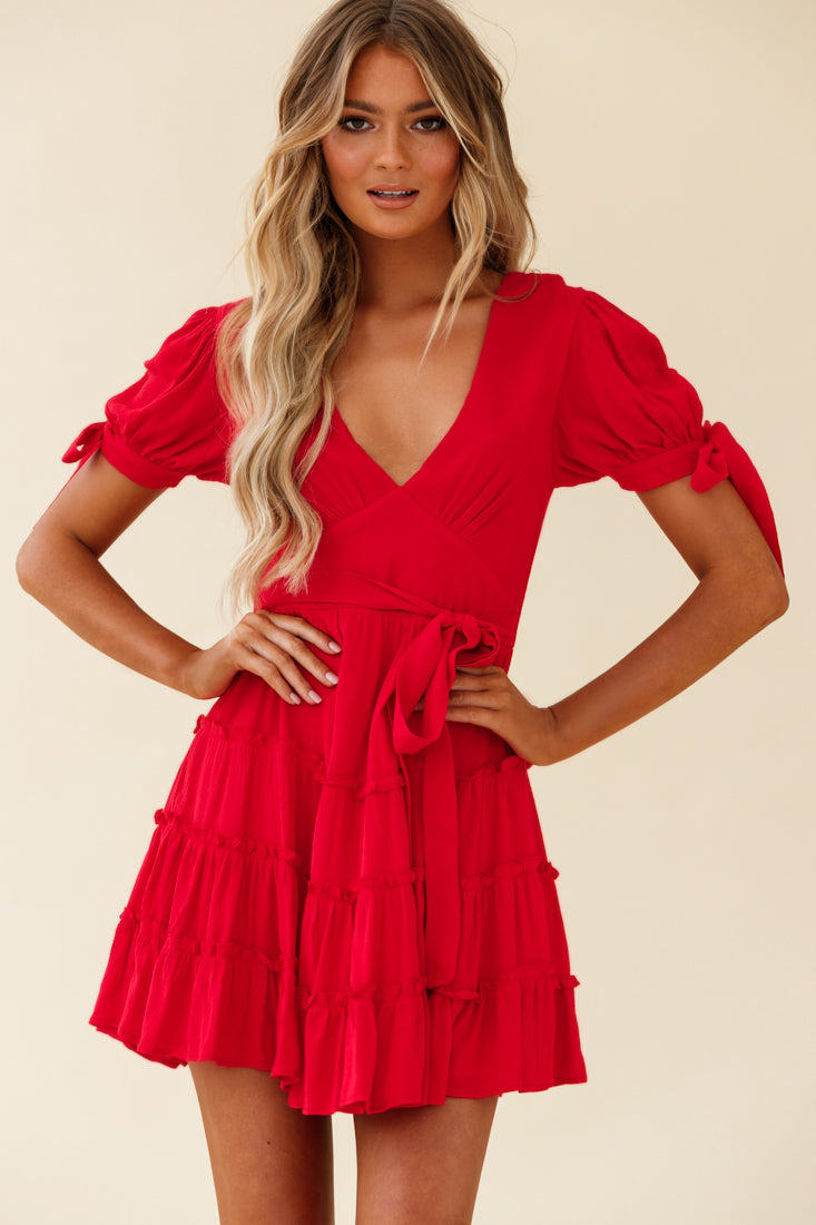 Jocelyn Short Sleeve Tied Cuff Layered Ruffle Dress Red-Maymioy