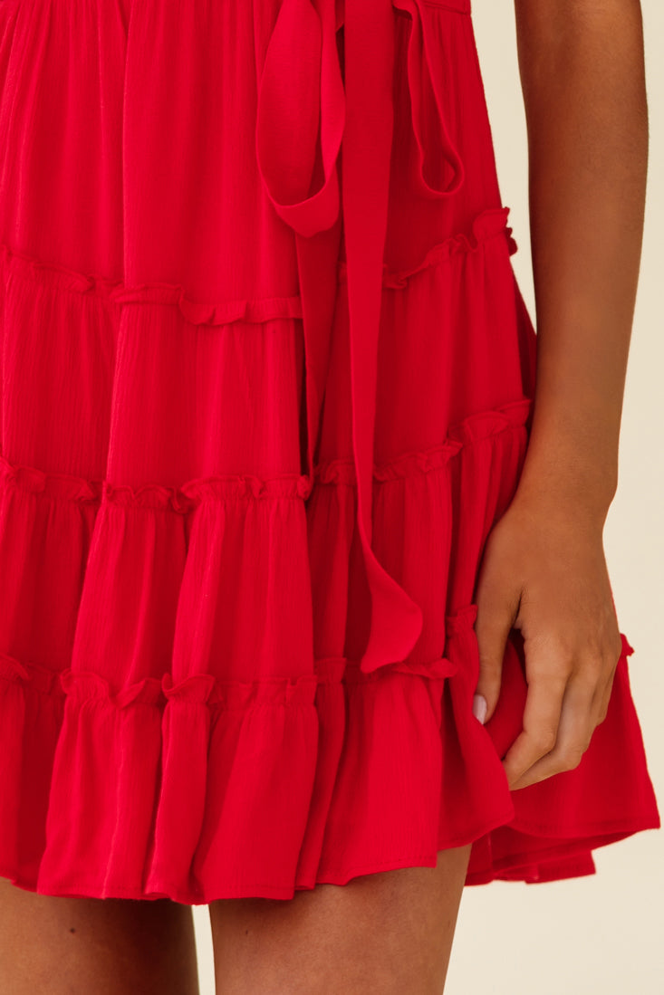 Jocelyn Short Sleeve Tied Cuff Layered Ruffle Dress Red-Maymioy